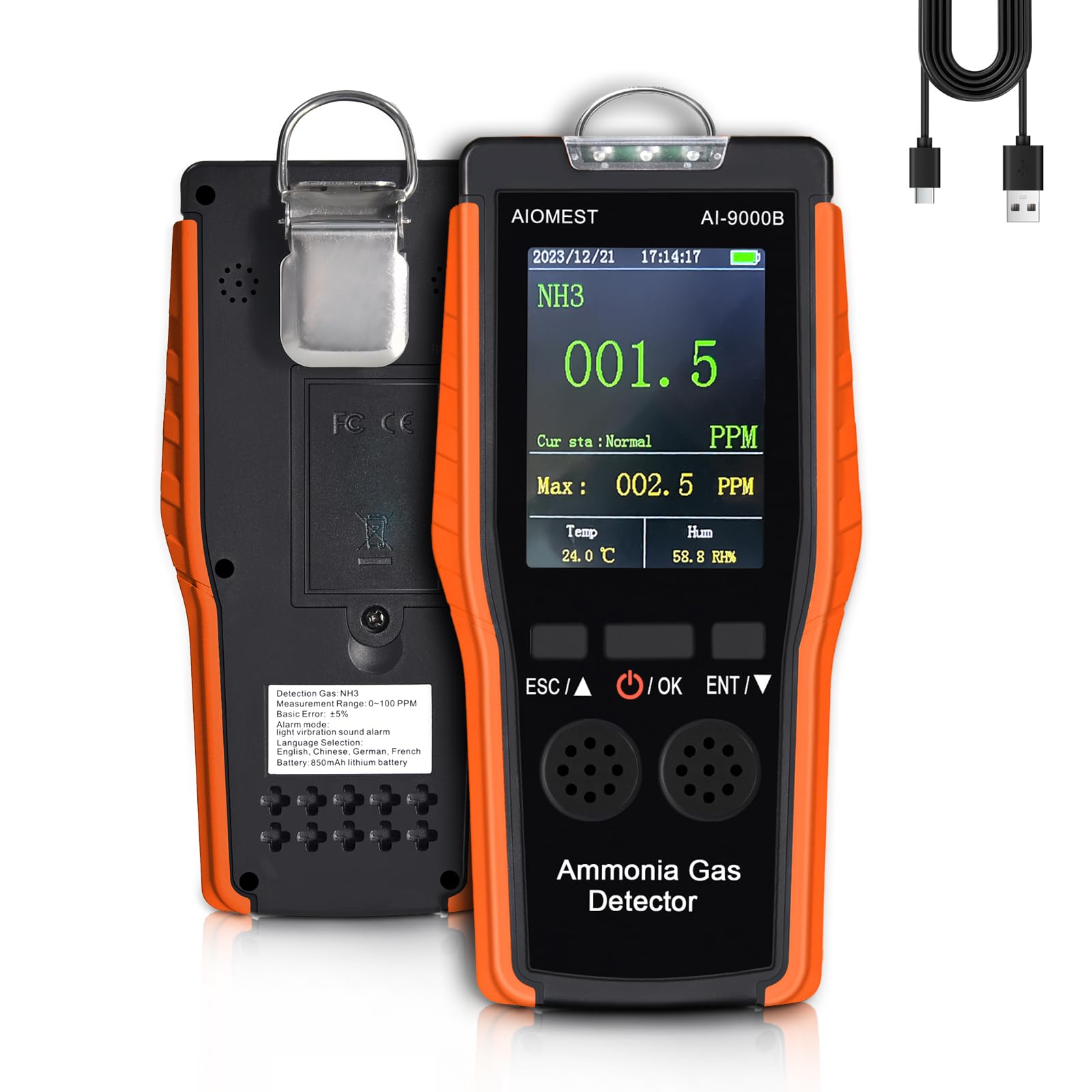 Detailed view of the AIOMEST AI-9000B's large LCD display, with numbered labels pointing to current date, time, battery indicator, ammonia concentration, unit, status, maximum value, temperature, and humidity.