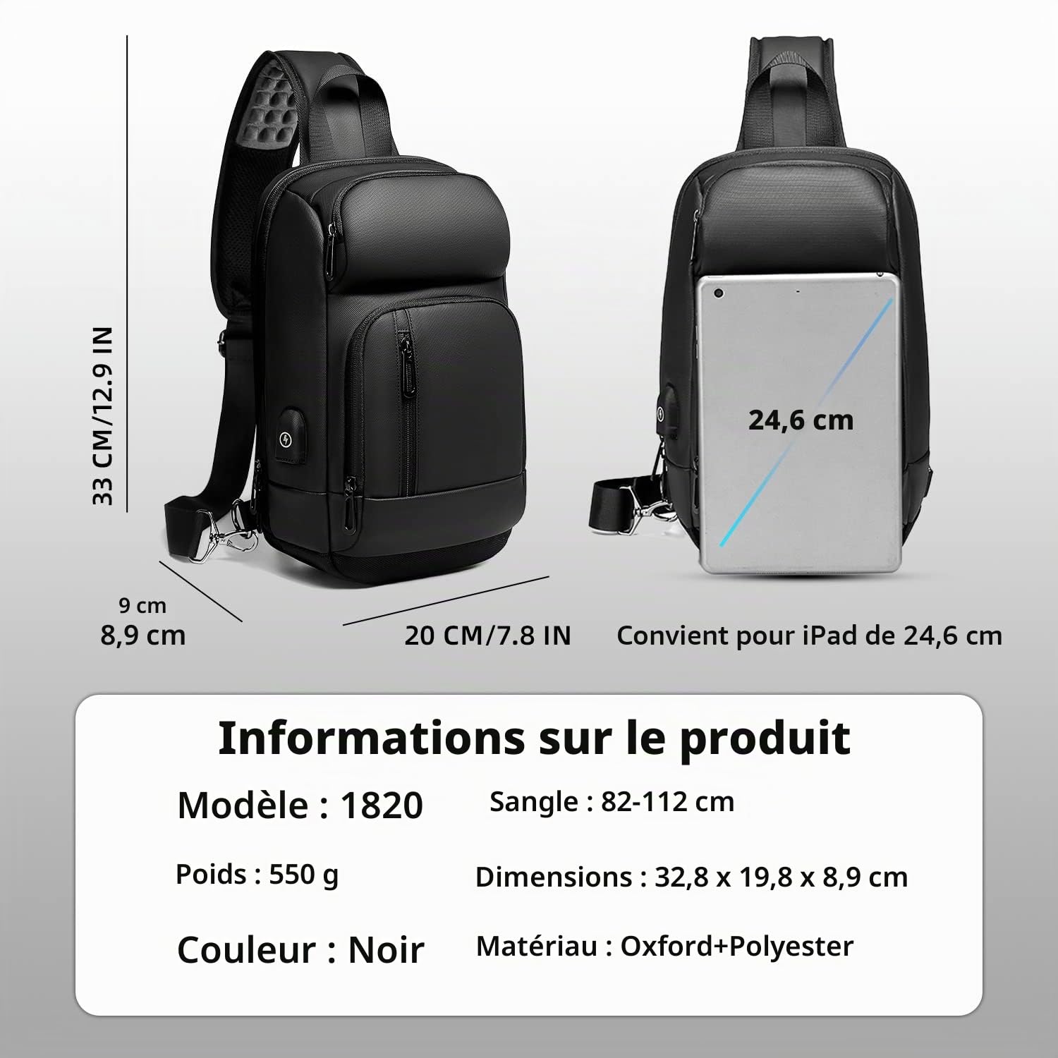 Sac de Poitrine Homme Imperméable Sacoche Bandouliere Léger avec Port de Chargement USB pour 9.7 Pouces iPad et Idee Cadeau-Noir