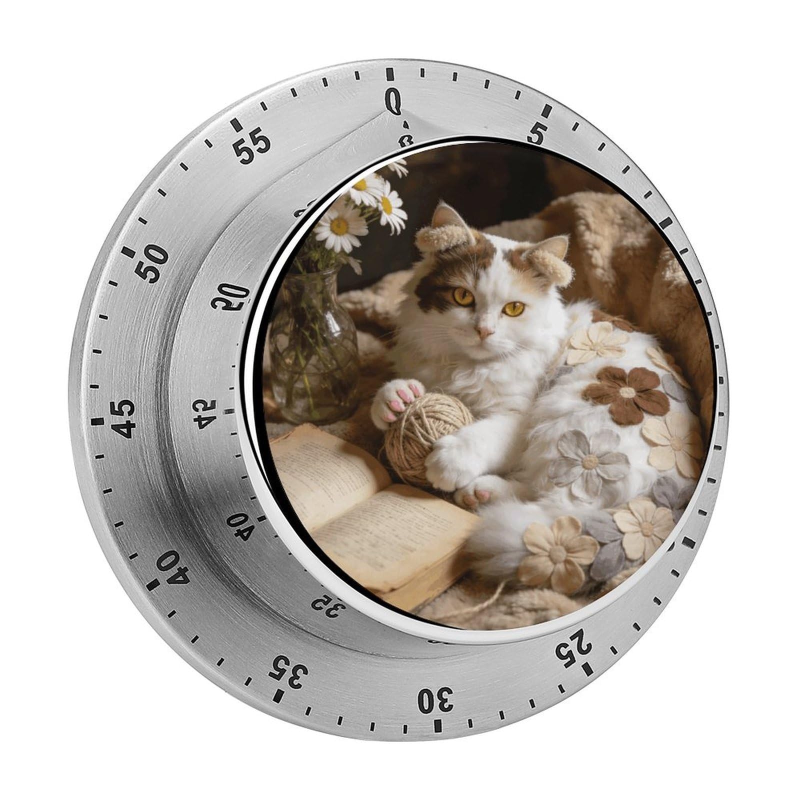 Old Books and Flowers Cat Timer, Exquisite Stainless Steel Computer Visual Timer with Loud Alarm, Mechanical Countdown Timer 60 Minutes, Backup