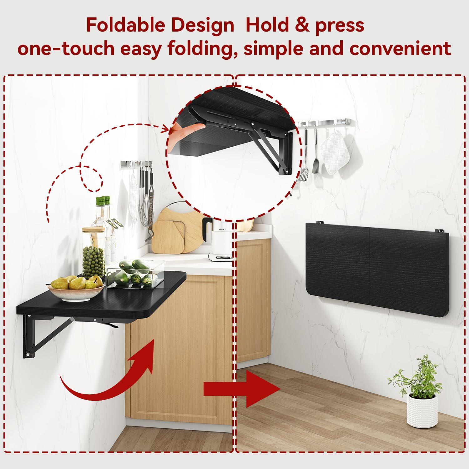 IBUYKE Mesa Plegable de Pared, Ahorra Espacio, Multifuncionales Escritorio de Ordenador, 60 * 30CM,Mesa Plegable para Hogar, Comedor, Cocina, Bar, Negro TVT005B