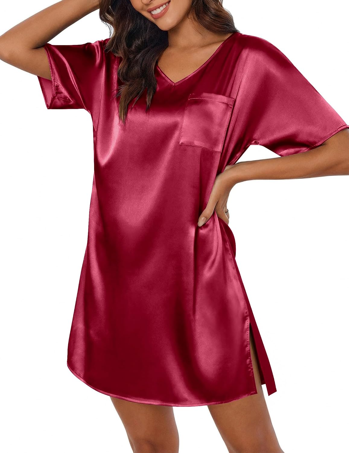Ekouaer Women's Satin Nightgowns V Neck Side Split Sleepshirt Short Sleeves Sleepwear Chest Pocket Nightshirt S-XXL