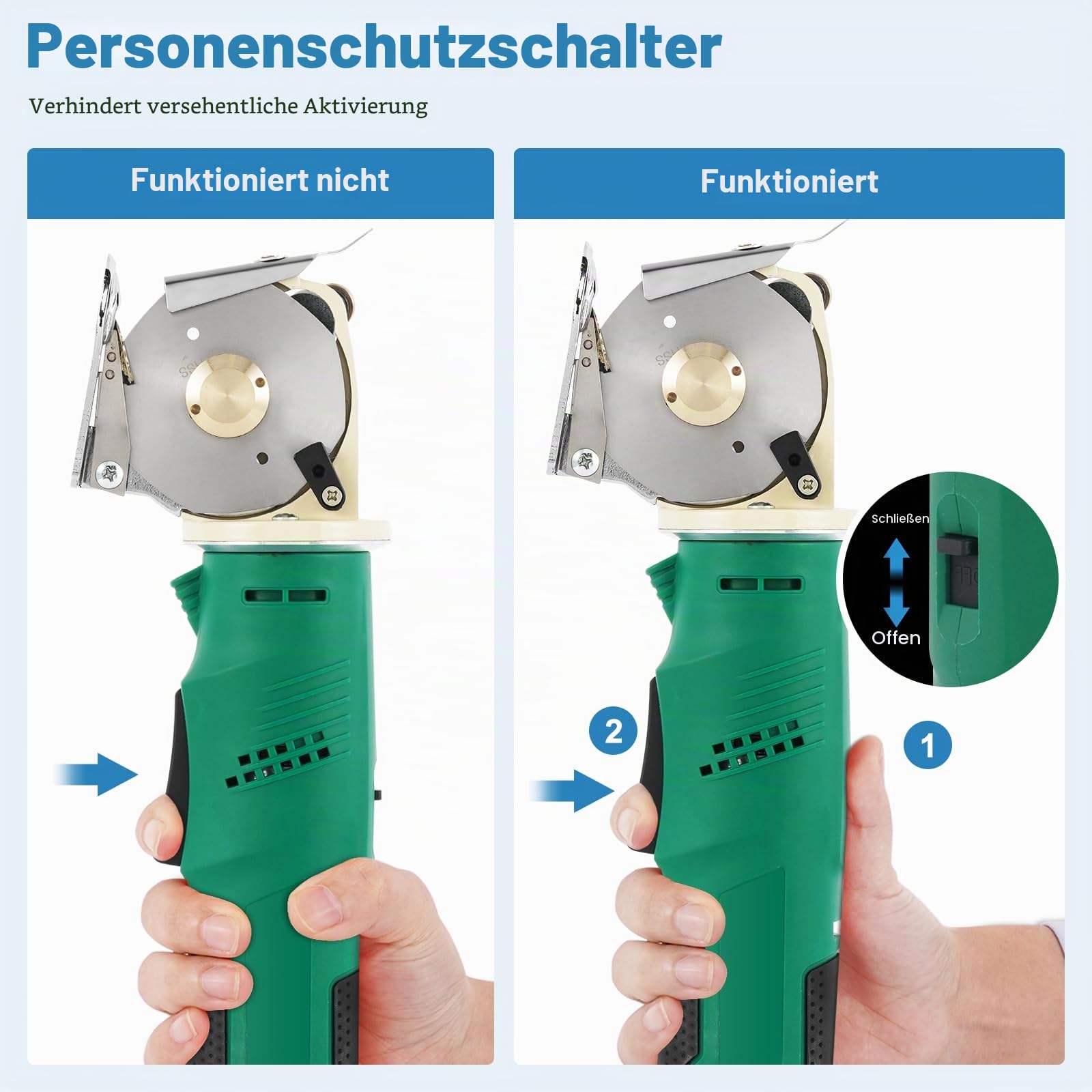 MXBAOHENG Elektrischer Stoffschneider 12V DC-70 Elektrischer Industrieller Stoffschneider Akku-Rundschere zum Schneiden von Stoff Teppich Leder (eine AKKU & 2 * 70 mm Klinge Grün)