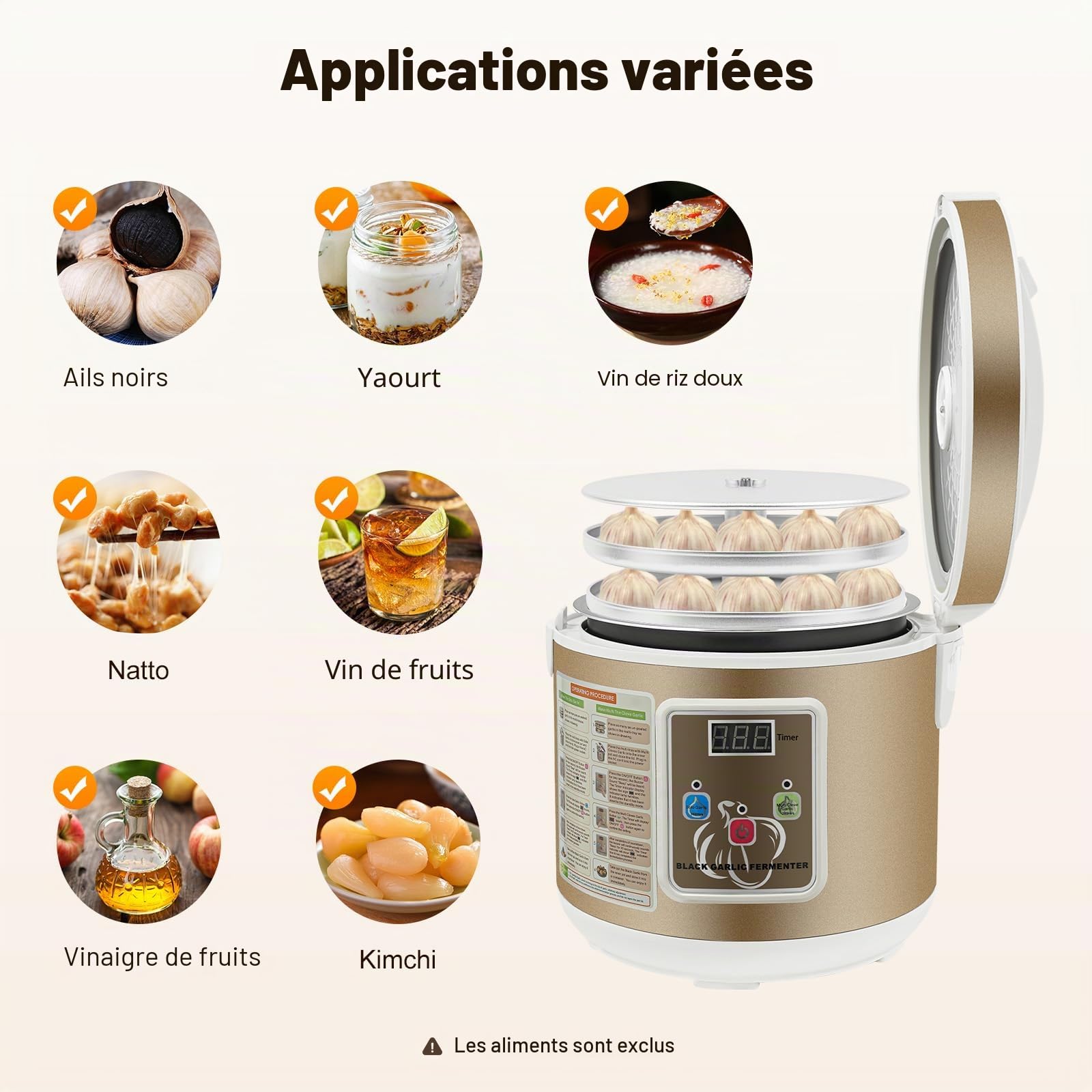 Fermenteur d'ail noir - 90 W - Contrôle automatique intelligent - Avec contrôle du temps et de la température - Pour la fabrication d'ail noir, yaourt alimentaire