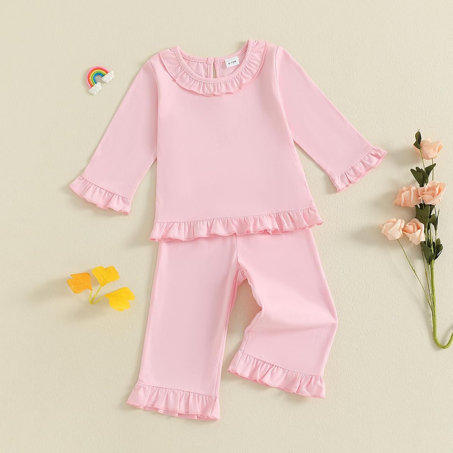 Gueuusu Toddler Girl Spring Fall 2 Piece Outfits Long Sleeve Ruffle Shirt Top Wide Leg Pants Set Solid Color Tracksuit - Image 4