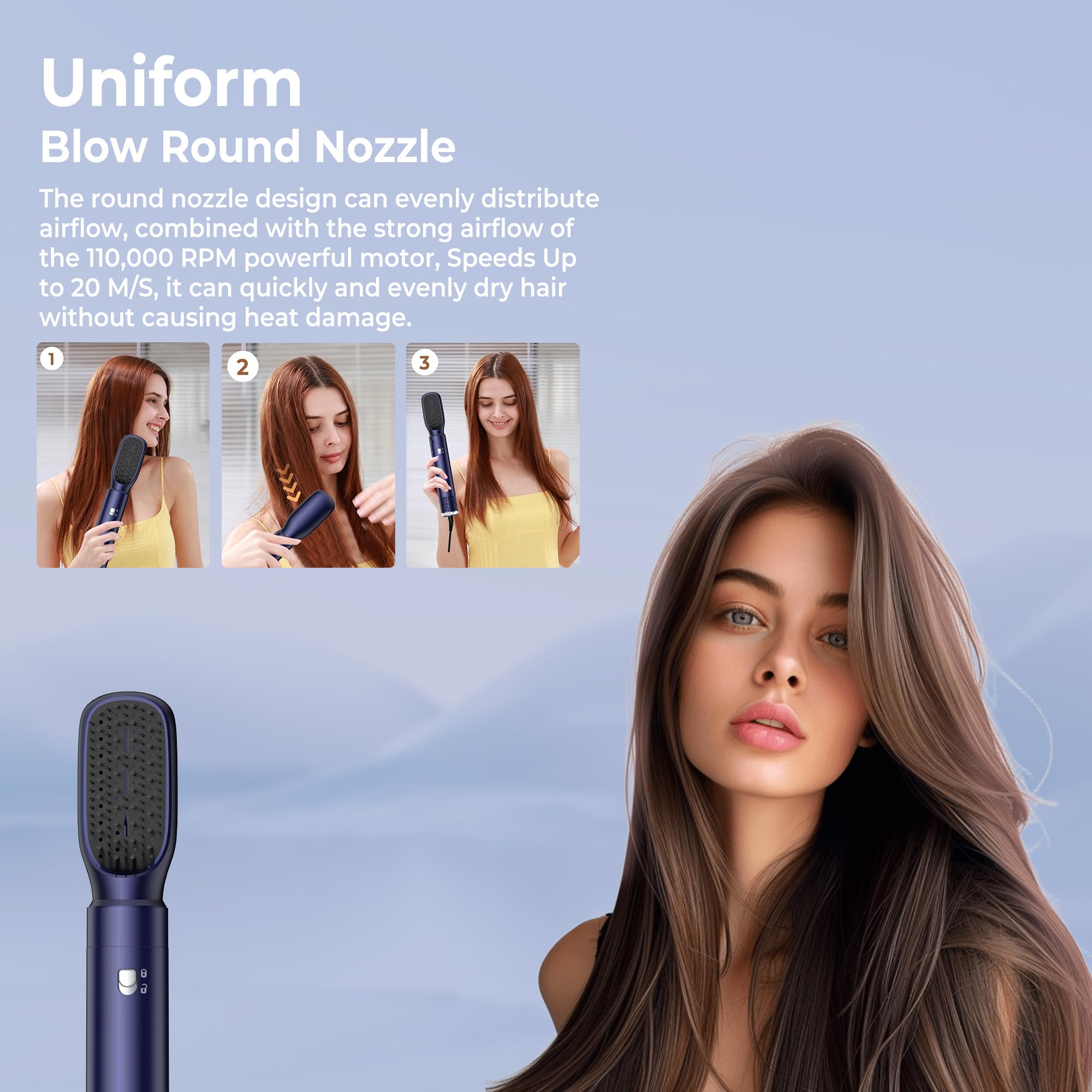 UKLISS Cepillo Secador de Pelo 6 en 1 - Cepillo de Aire Caliente Peinador con Rizador, Thermal Brush, Secado Rápido, Moldeador Pelo Voluminizador- Rizos, Volumen, Alisado y Secado (Azul)