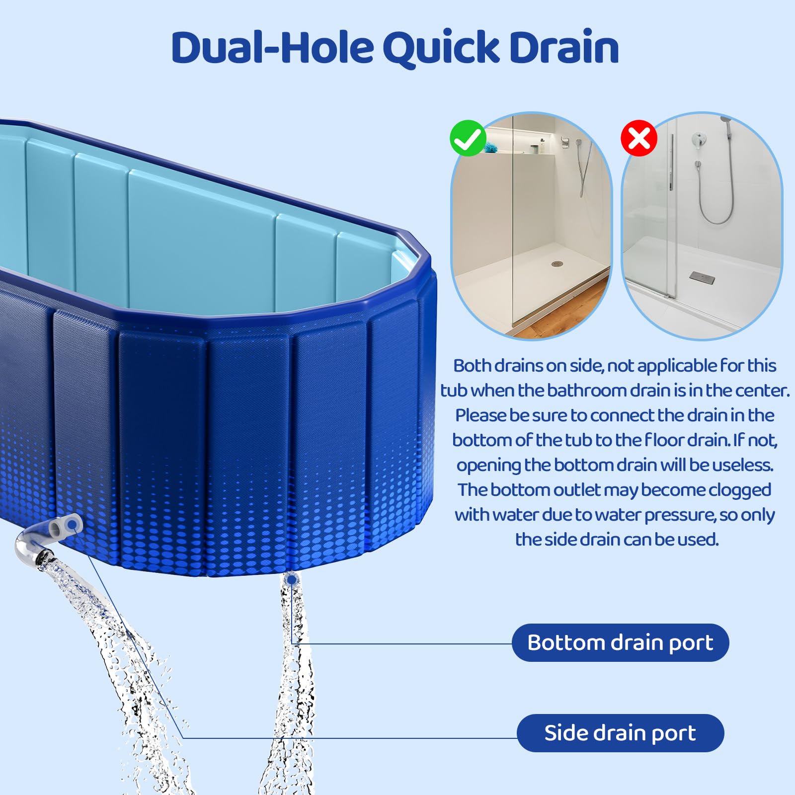 Bañera plegable portátil, bañera independiente sin instalación, bañera de baño de spa, ducha plegable para baño caliente y hielo (azul con estante de almacenamiento, 59 pulgadas de largo x