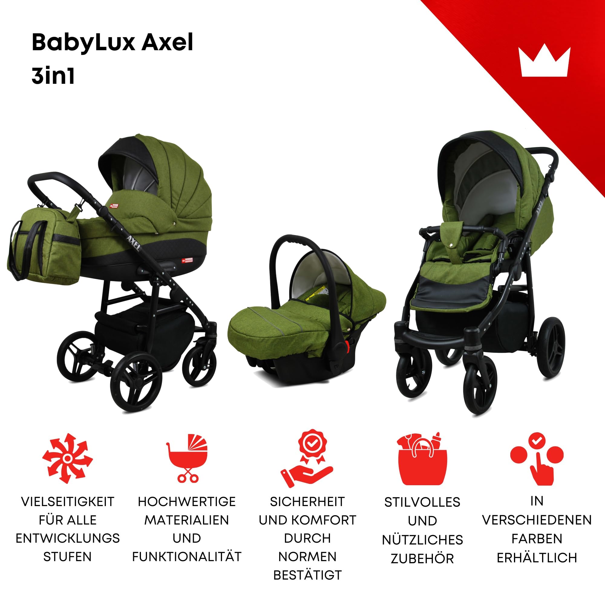 BabyLux® Carrito de Bebé Sistema de Viaje Set 3 en 1 - Axel - incl. Capazo, Silla de Paseo, Silla Coche - Cochecito - con Bolso cambiador, Cubierta para la lluvia, Mosquitera etc.
