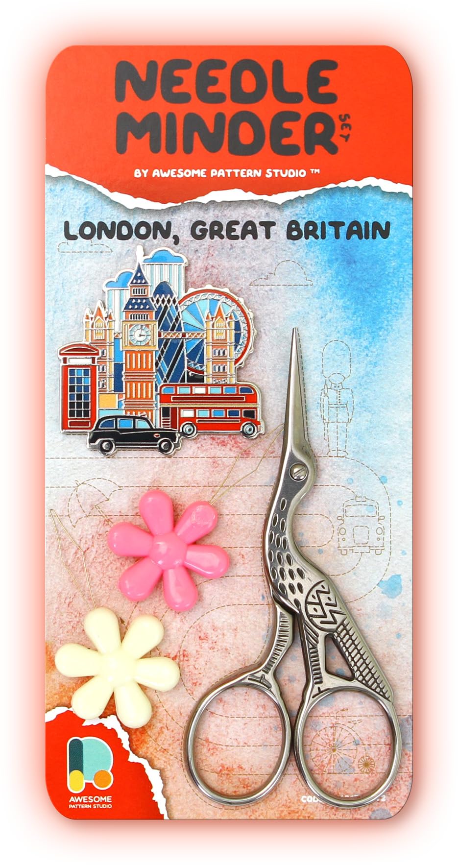 Awesome Pattern Studio Needle Minder Set – London Magnetic Needle Minder + 2 Needle Threaders + Crane Scissors. Enamel Pin for Cross Stitch, Embroidery and Craft