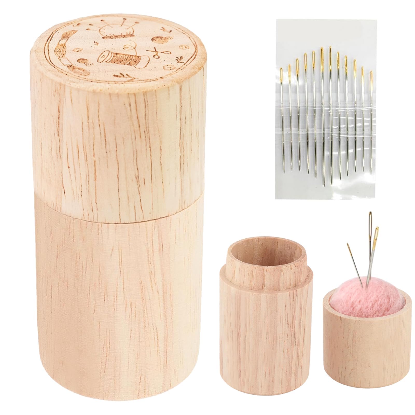 TERRIFI Pin Cushion, Wooden Sewing Needle Holder, Portable Pincushion with 12 Embroidery Needles, Ideal Pin Holder for Stitching, Hand Crafts, Knitting, Quilting, Ideal for Women and Girls