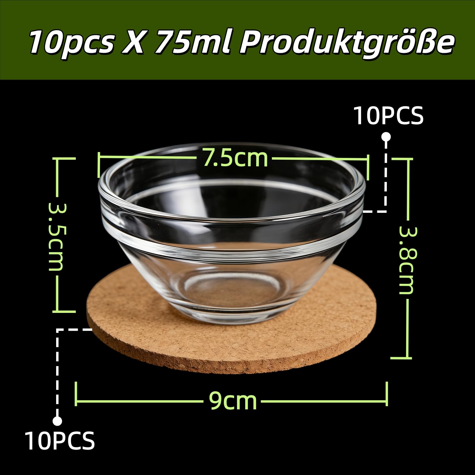 Ciotole Cucina Set con Vassoio 10 Pezzi Coppette Gelato Ø 7,5 cm Ciotoline per Aperitivo 75 ml Ciotoline per Salse Ciotola in Vetro Coppette Macedonia con Vassoio 10 PCS