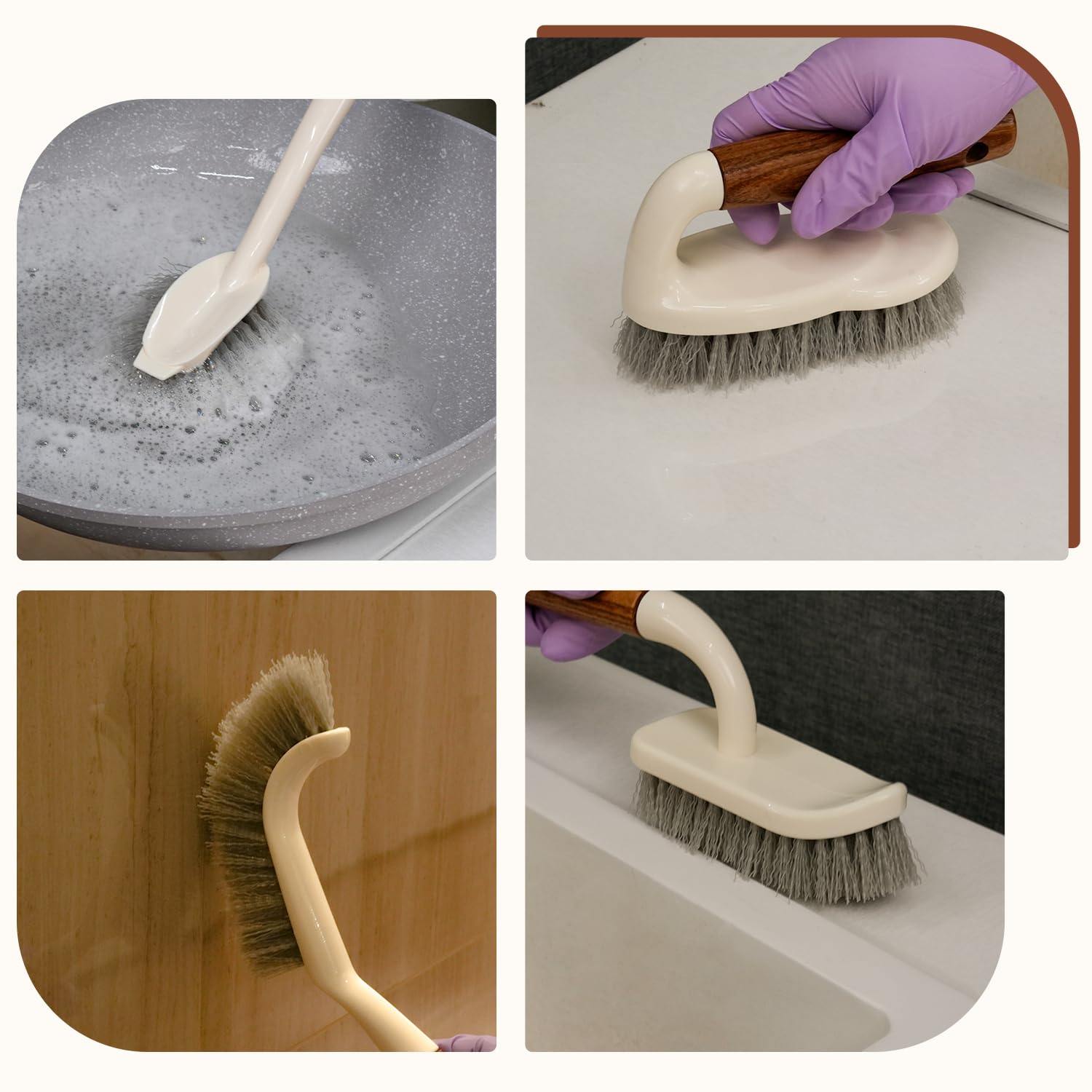 Juego de 4 cepillos resistentes con asas de madera, estropajo triangular y cuadrado, cepillo de platos, limpiador de lechada para cocina, baño, azulejos, alfombras y eliminación de manchas difíciles