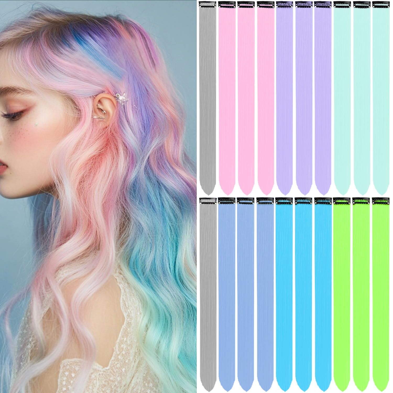 LADYAMZ Colored Hair Extensions 20 PCS, 22 In Dream Rainbow Clip in Hair Extensions Party Highlights, Colorful Long Straight Synthetic Hairpieces for