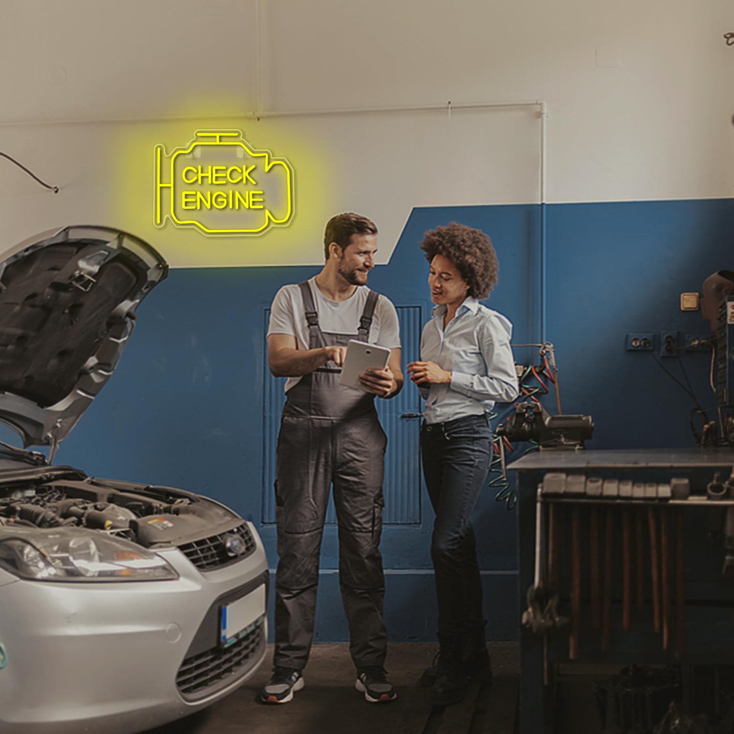 Horseneon Insegna al neon del motore di controllo Insegne a LED per garage Insegne luminose per officina di riparazione auto Insegna al neon gialla per officina di riparazione garage a parete