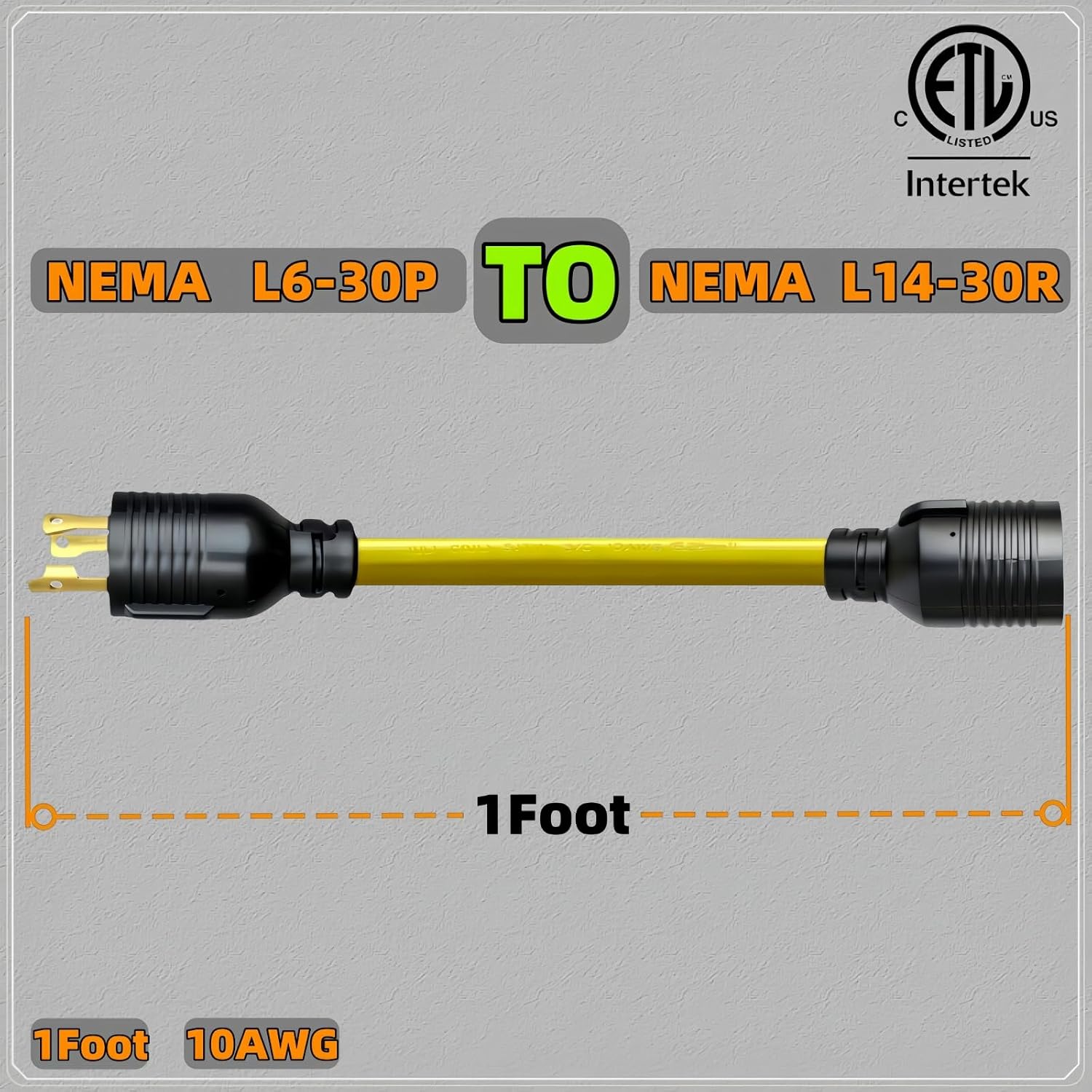 NEMA L6-30P to L14-30R Adapter Power Cord, 30A 250V Twist Lock ETL Listed | Twist Lock 10/3 SJTW Heavy Duty Power Cord for Generator RV Marine, ETL Listed 10AWG 1Foot