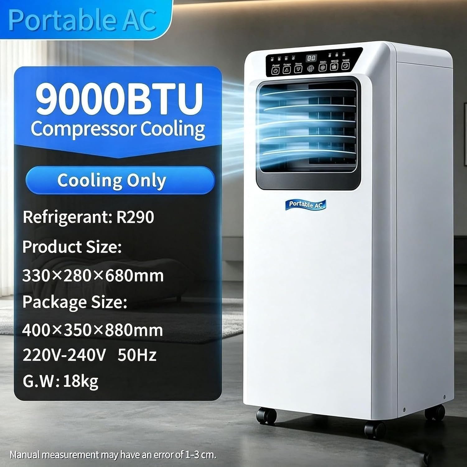 Aire Acondicionado Portátil 14000 BTU, Equipo de Climatización 2 en 1 Frío y Calor sin Instalación, Unidad Móvil con Ruedas para Salón, 9000 Btu, 9000 BTU