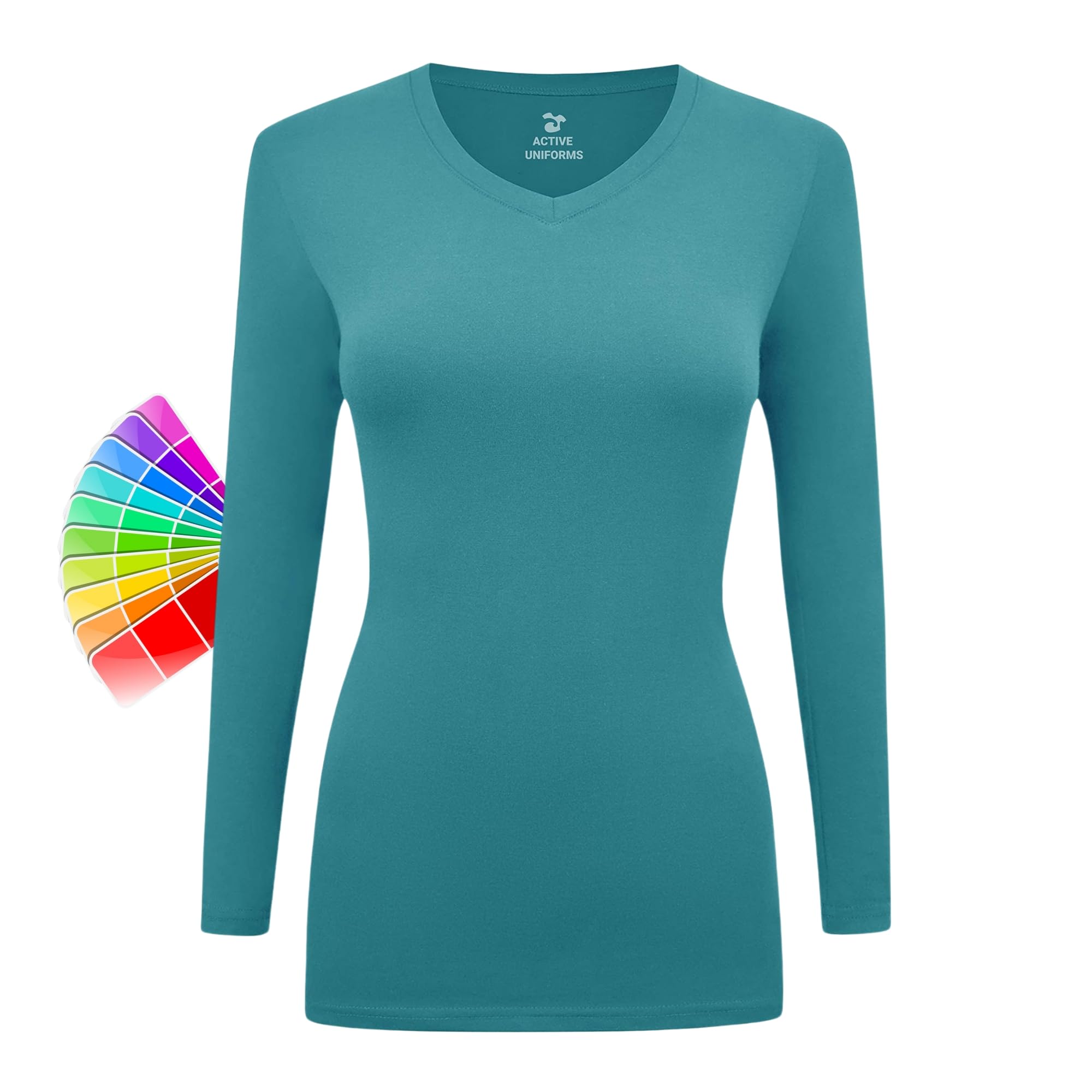 Women's Under Scrubs Long Sleeve T-Shirt Comfort V-Neck Medical Underscrub Tee -Super Soft and Stretchy (Teal, X-Large)