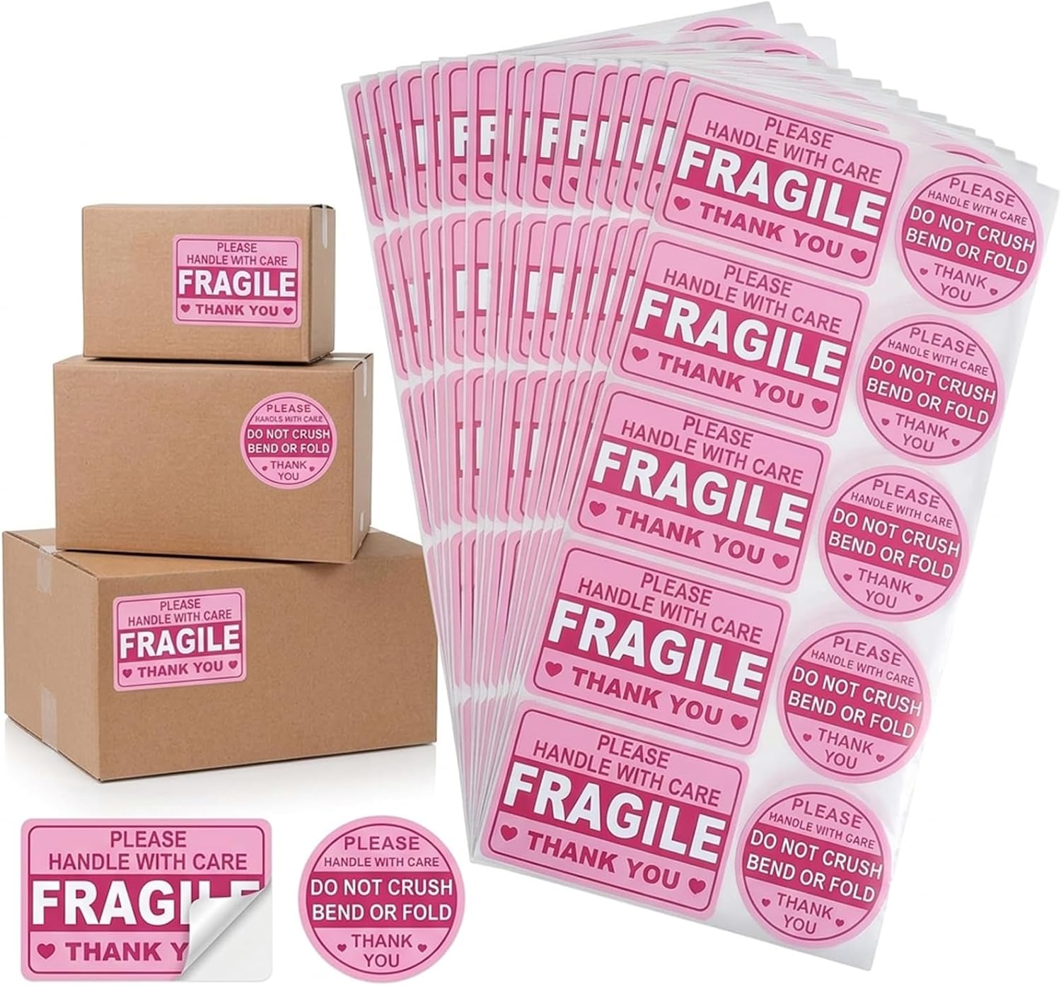 300 Pcs Fragile Stickers for Shipping, Pink Handle with Care Labels, 3 x 2 Inch Fragile Labels and 2 Inch Do Not Bend Stickers for Moving Boxes, Mailers, Packaging