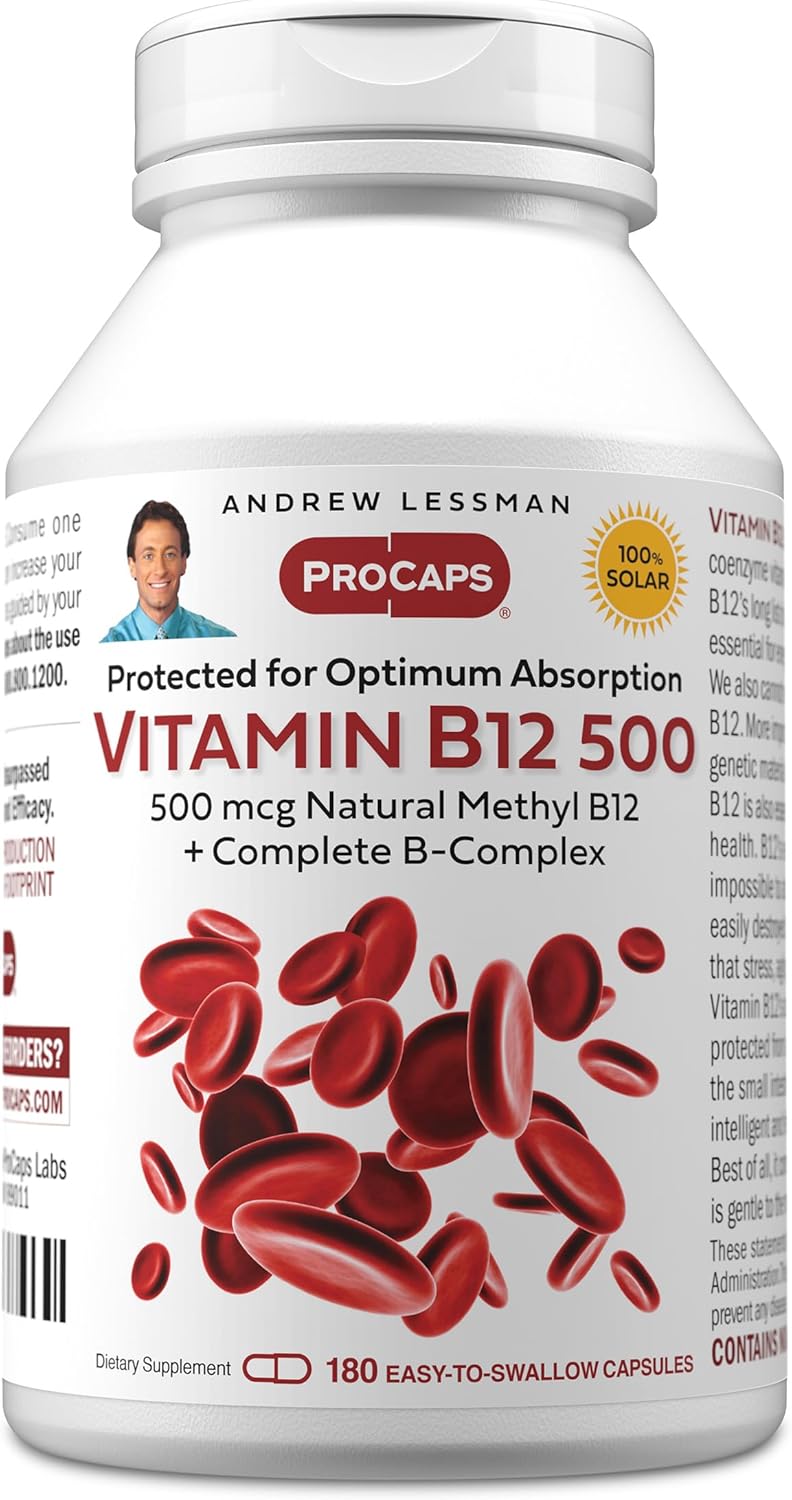 ANDREW LESSMAN Vitamin B12 500 180 Capsules - Absorption-Protected Methylcobalamin (Natural Coenzyme Vitamin B12), Essential for Energy and Stress Support, Plus B-Complex, Easy to Swallow Capsules