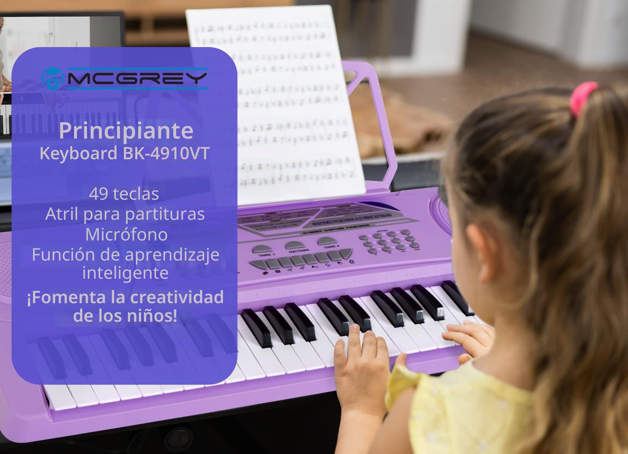 McGrey BK-4910VT Teclado Con 49 Teclas Y Atril Para Partituras Lila | Teclado para principiantes con 49 teclas, 16 sonidos, 10 ritmos, 8 sonidos de percusión, 6 canciones demo, 5 mm), Peso: 2