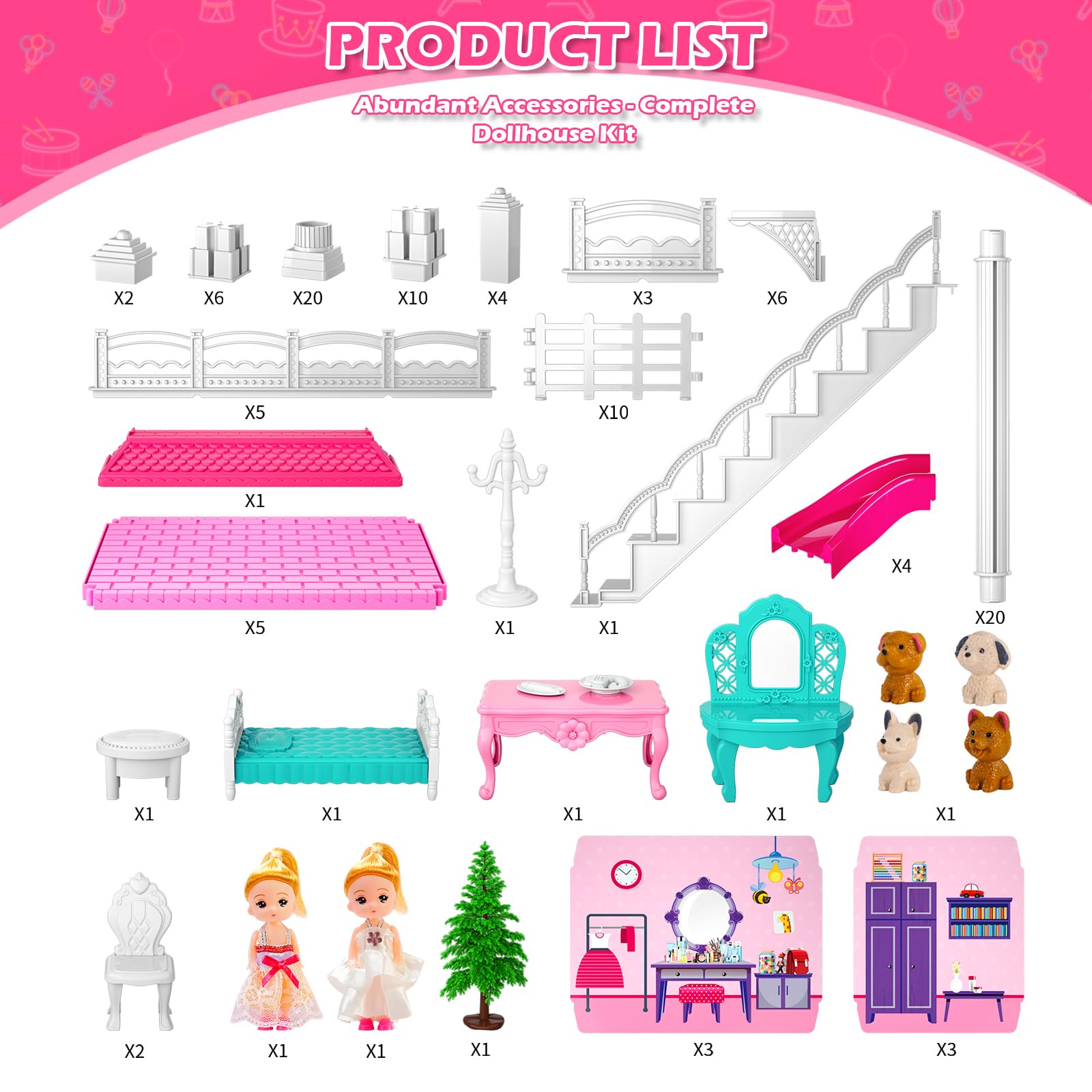 Doloowee 2-Story DIY Dollhouse with 3 Rooms, Pets & Furniture for Girls 3-8 — Amazon image 5