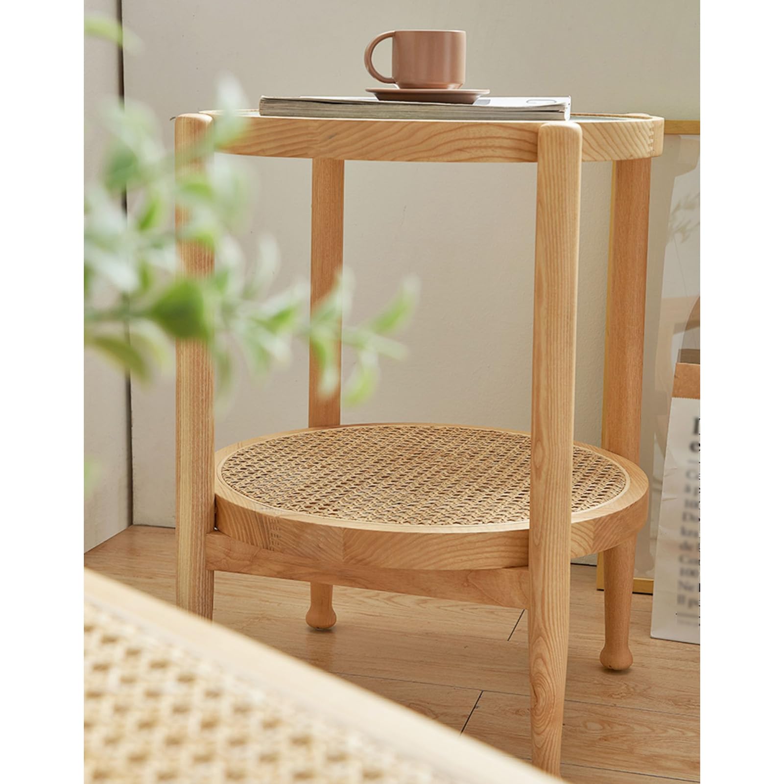 ラタン サイドテーブル ガラステーブル 円形 二段 収納付き 籐家具