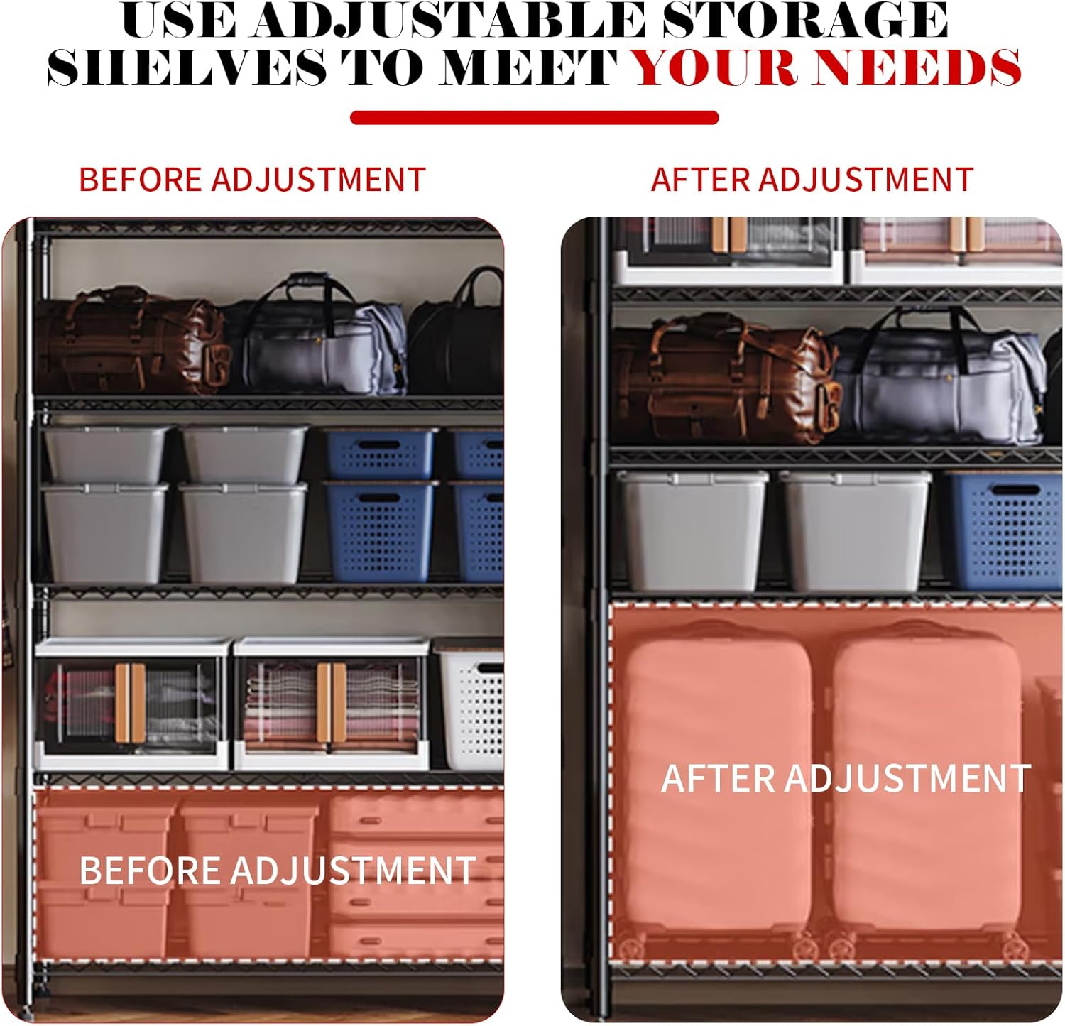 Heavy Duty Adjustable Metal Shelving Unit with Wheels, 2400LBS Capacity, 4-Tier Wire Rack for Garage, Pantry, Kitchen, 59" W x 19.5" D x 62.3" H - Image 4