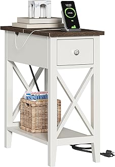 ChooChoo Farmhouse End Table with Charging Station, Accent Small Side Table Nightstand for Living Room, Bedroom, and Small Spaces, Soft White