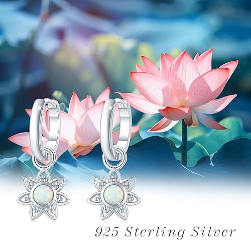 Miniatura 5 de Sun Flower Earrings 925 Sterling Silver Opal FlowerLeaf Hoop Charm Hoop Huggie Synthetic Opal Dangle Drop Earrings Jewelry Gifts for Women