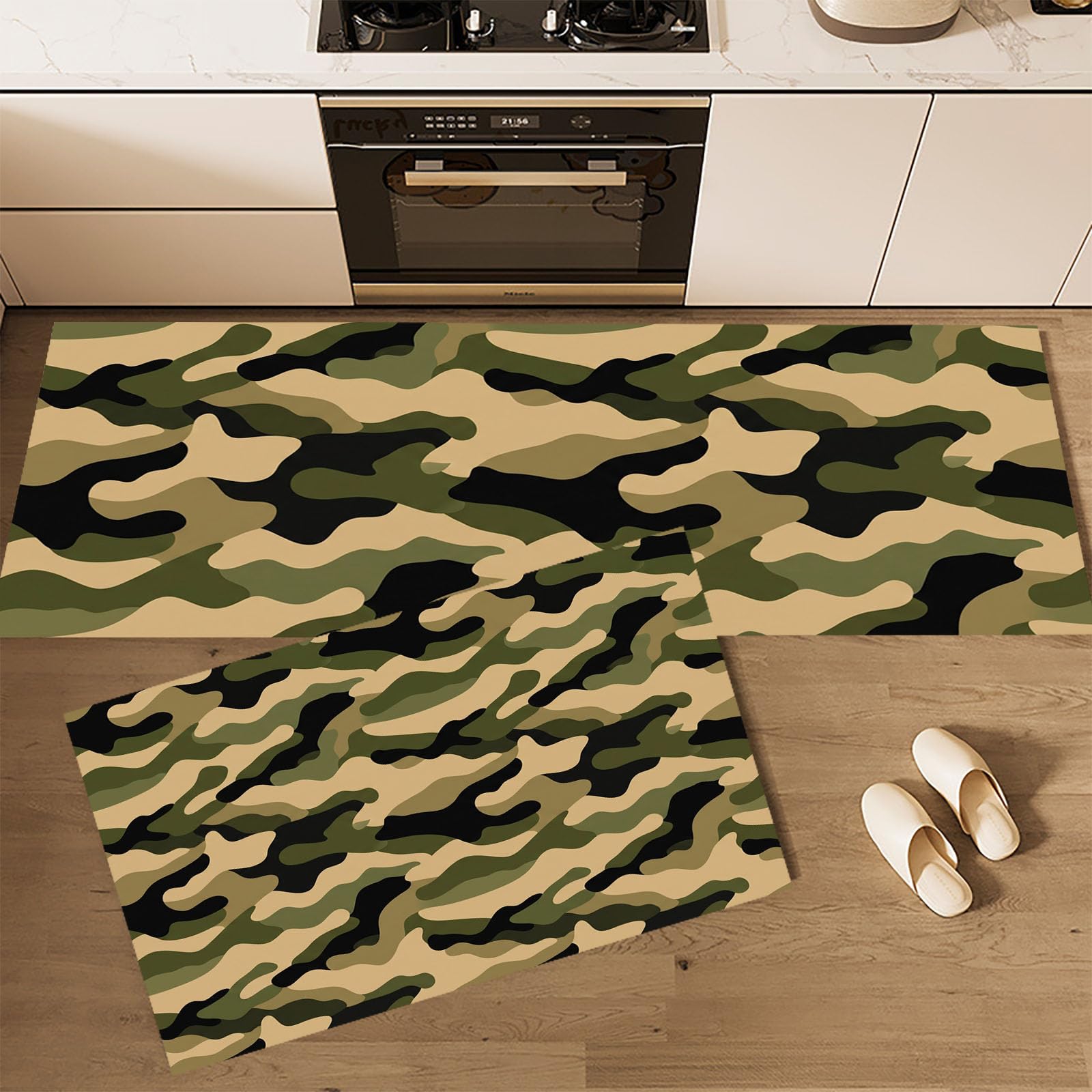 Juego De 2 De Alfombras De Cocina Geometría De Camuflaje Abstracta | Alfombra Antideslizante Lavable para Cocina, Cubo De Onda Retro Conjuntos Absorbentes para Pasillo Entrada, Verde Militar