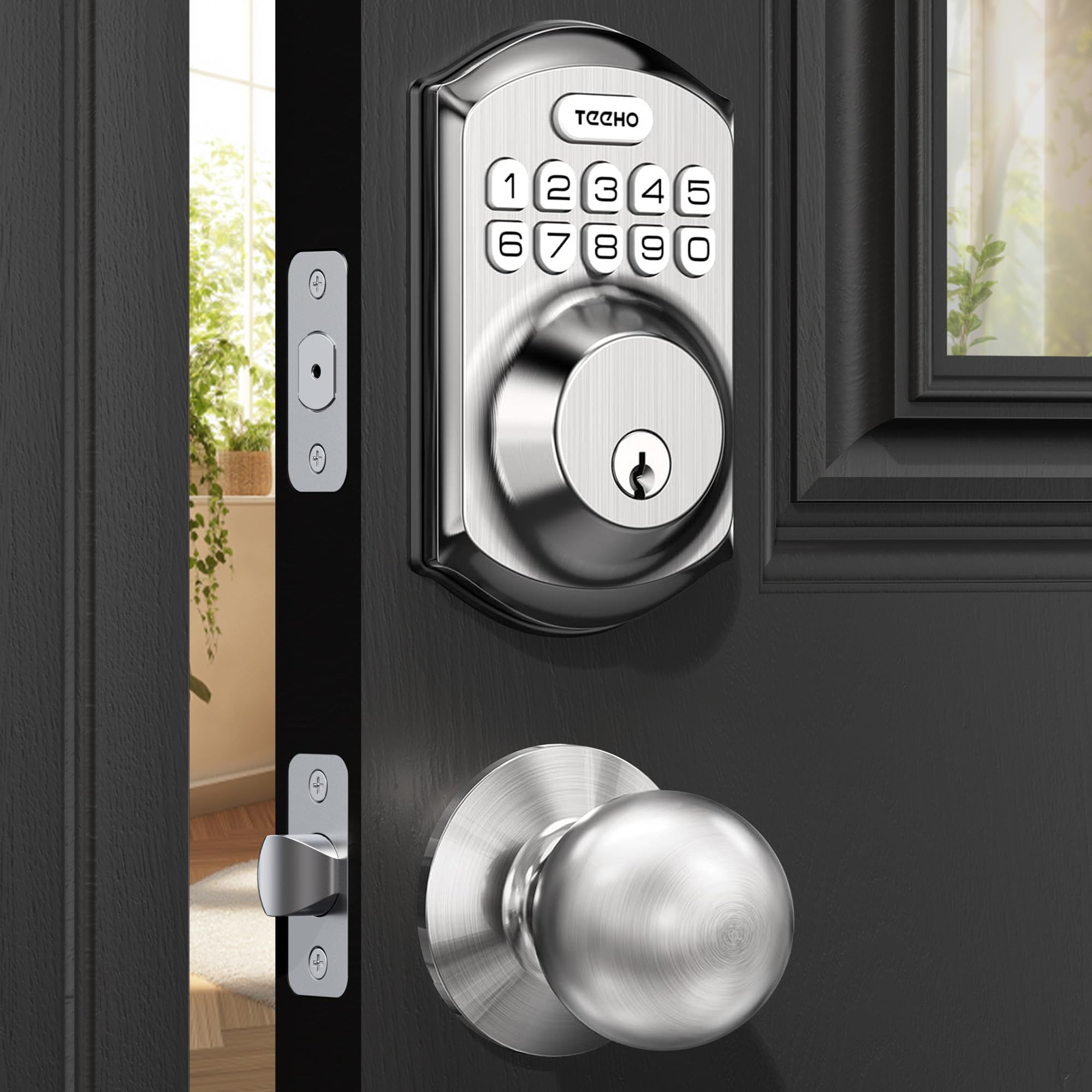 TEEHO TE001K Keyless Entry Door Lock with Knob in Satin Nickel