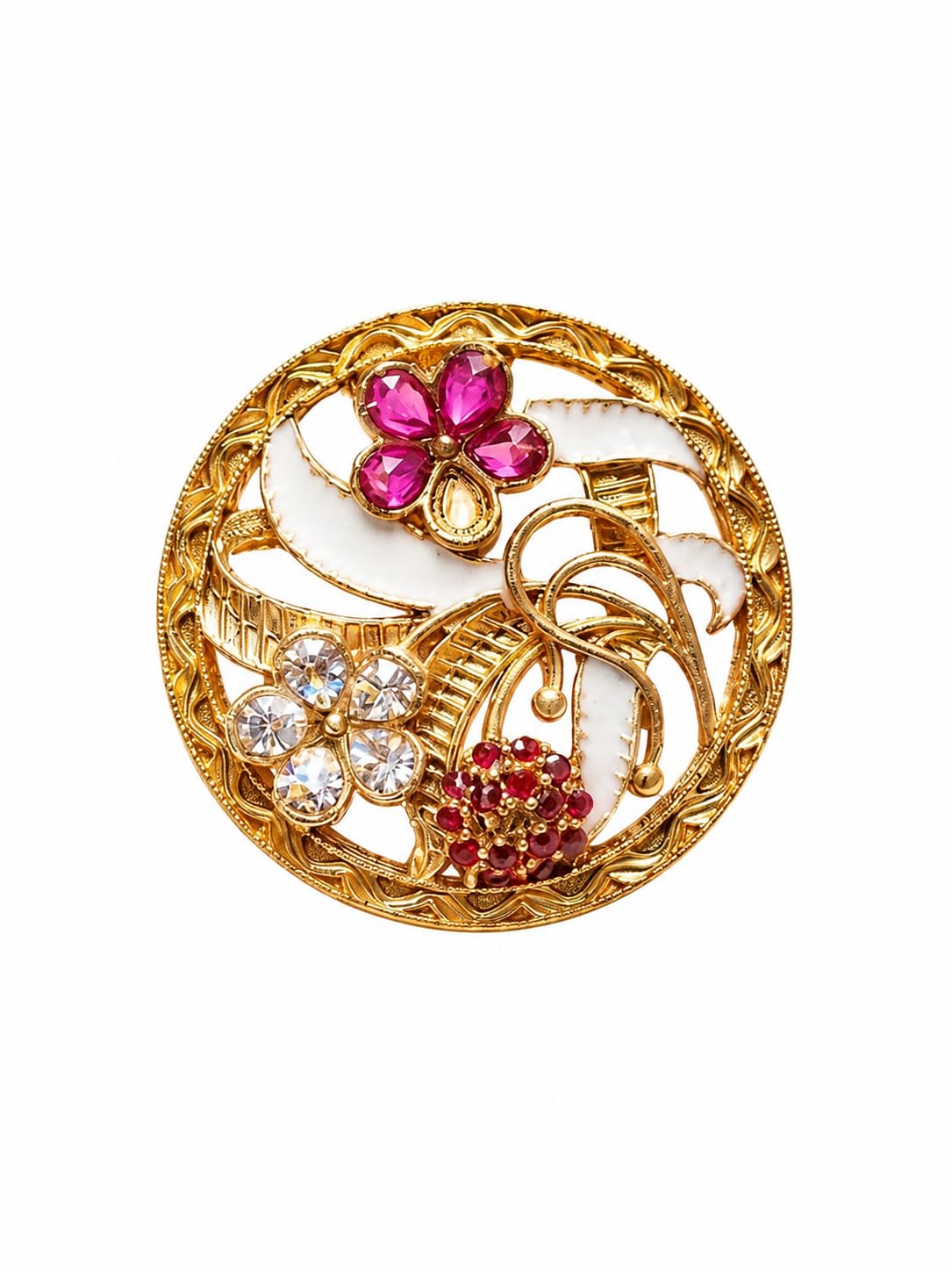 Gold-Tone Floral Round Brooch Pin with Crystal Rhinestones-picture-17