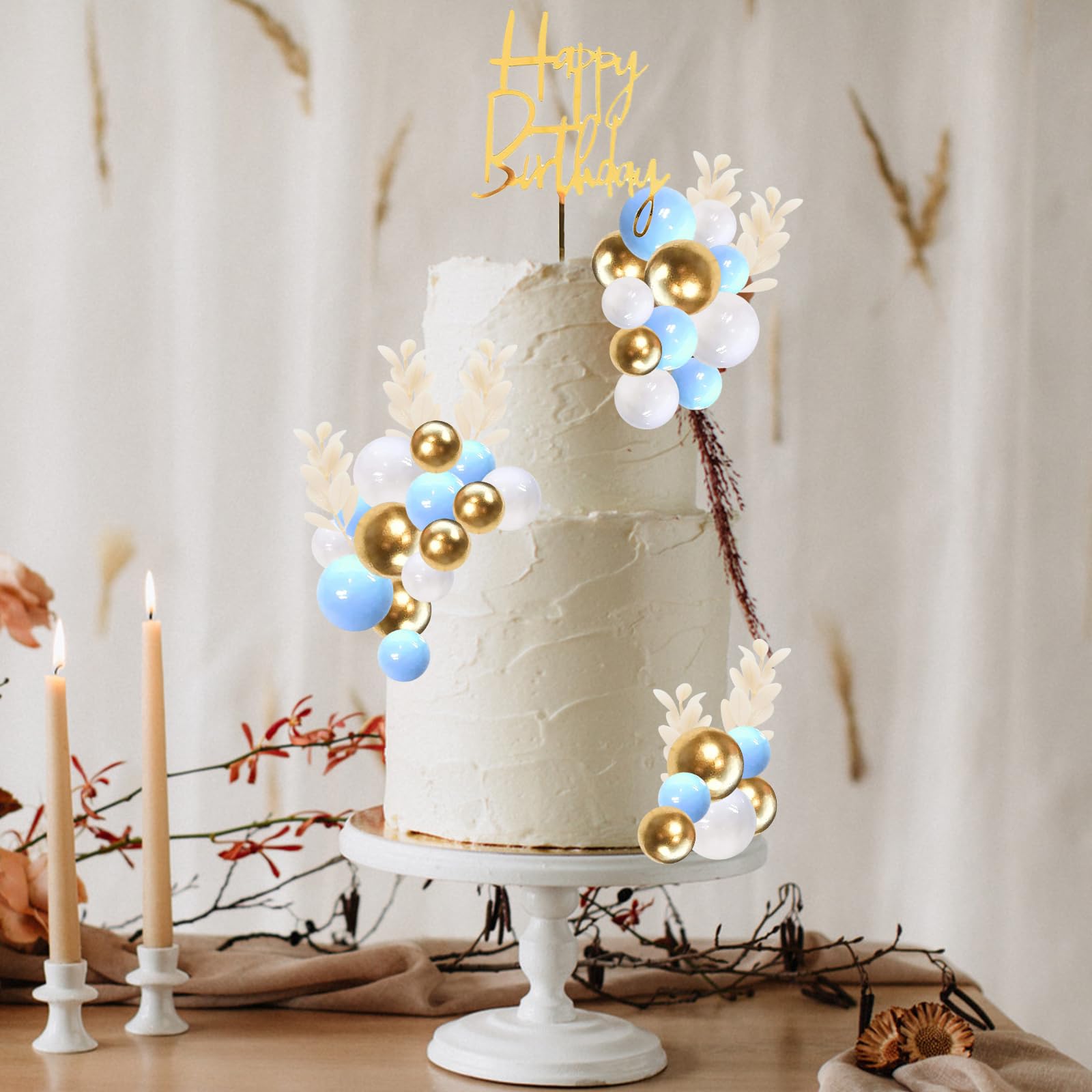 50 Pièces Boules Cake Topper - Déco Gâteau Anniversaire - Mousse Colorée (Bleu/Rose/Or) - Benaton