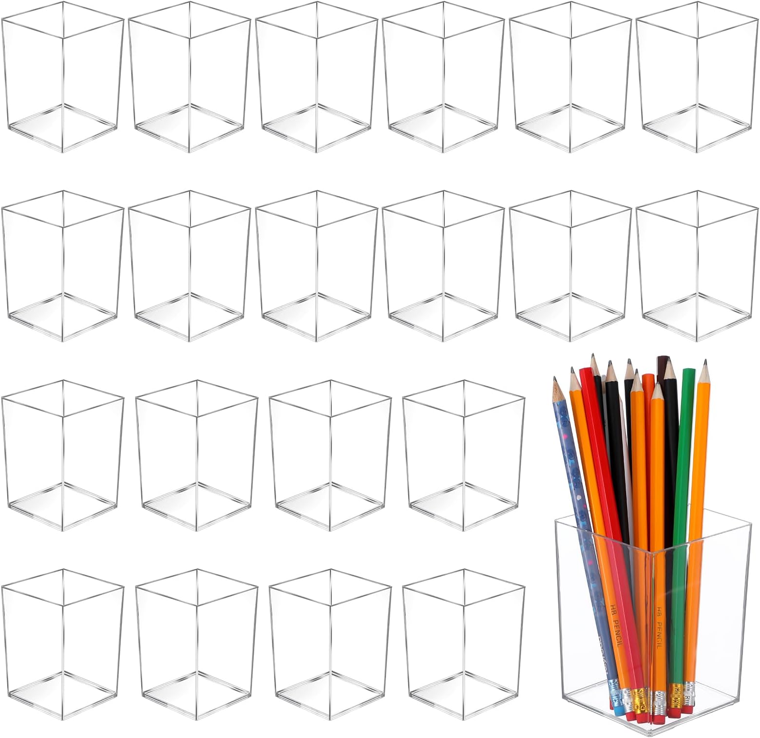 20 Pcs Clear Acrylic Pen Holder for Desk, Makeup Brushes Holders, Modern Organizer Acrylic Pencil Holder Cups Bulk for Classroom School Desk Office Desktop Storage 4"×3"×3"