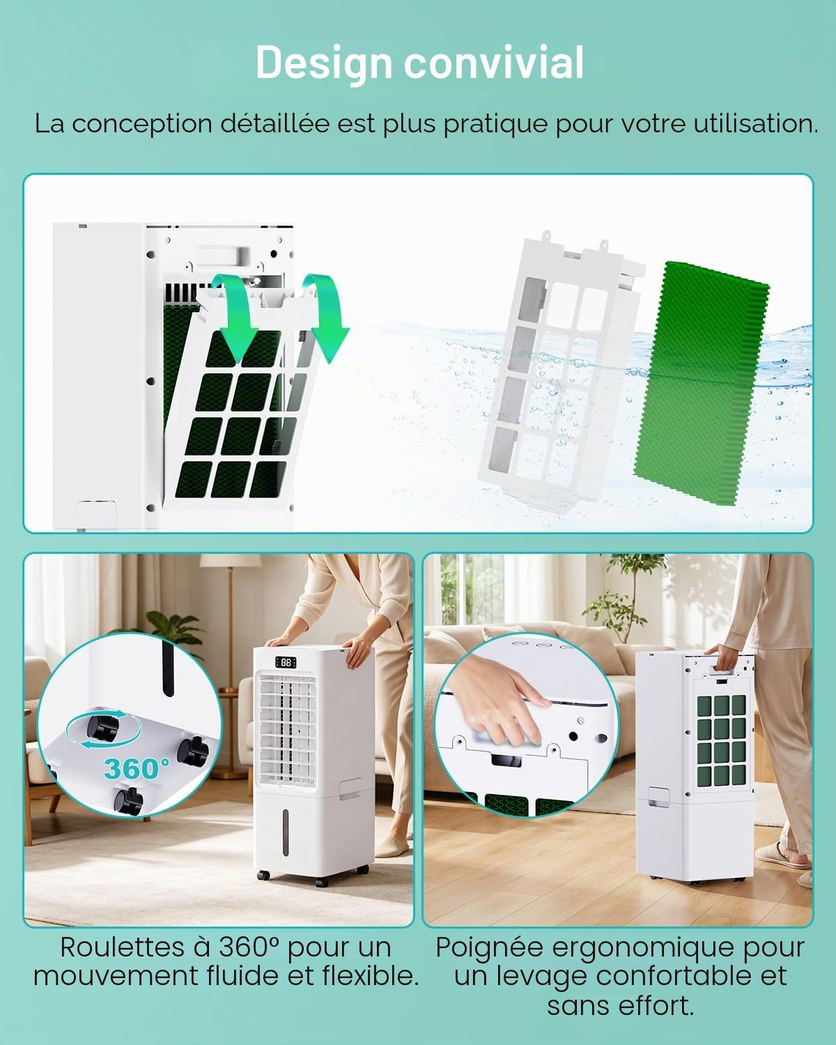 Climatiseur Mobile 4 en 1, Rafraîchisseur d'Air avec Réservoir 6L, 3 Vitesses 4 Modes, Minuterie 1-12H, 3 Vitesses 4 Modes, 4 Pack Glacons, Télécommande Incluse, pour Chambre, Salon, Bureau et Maison