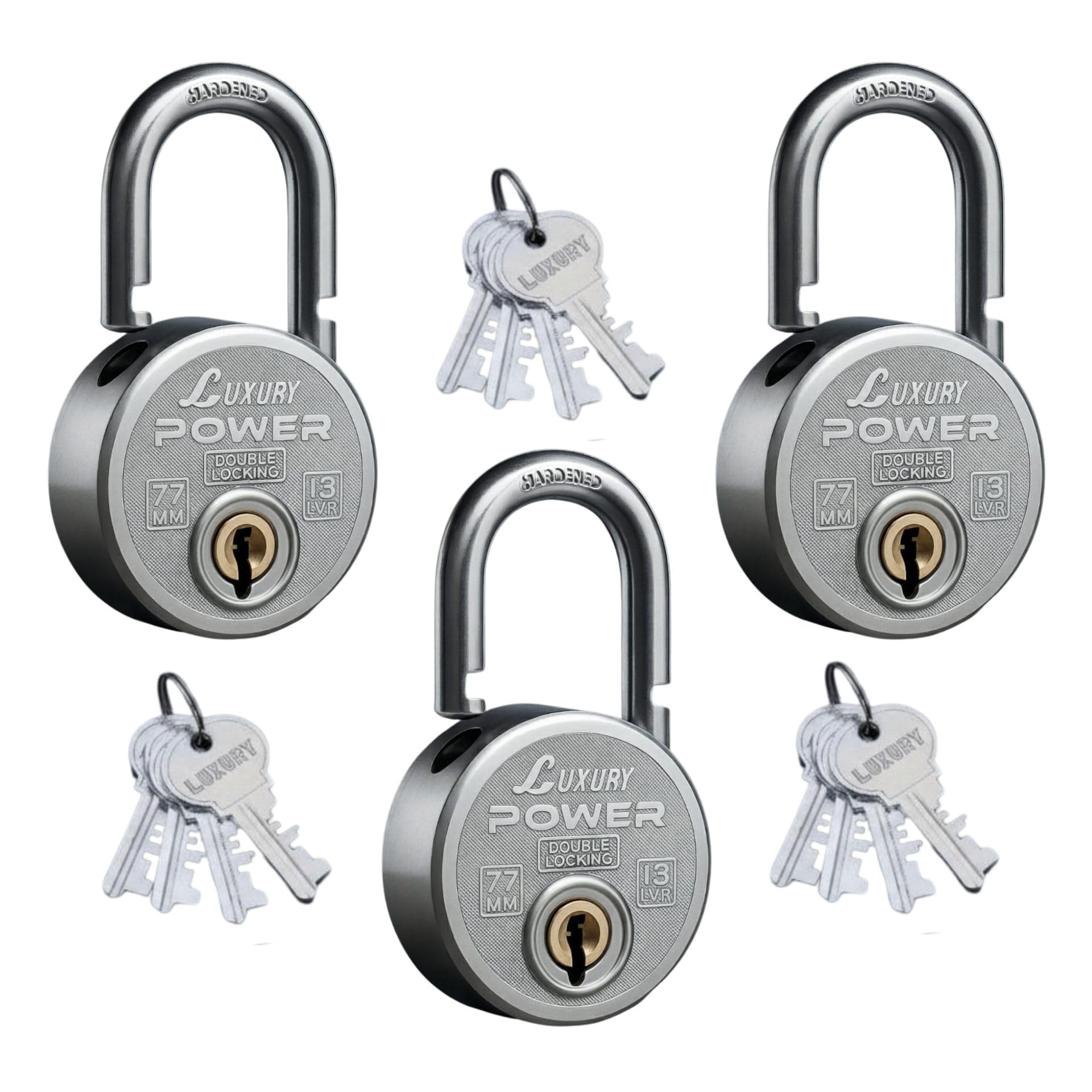 Luxury Power Round Padlock 77mm 4 Keys, 13 Steel Levers Double Locking, Strong Hardened Corrosion Resistant Shackle Lock and Keys for Home Door Shutter Shop Office Main Gate Silver Finish Pack of 3-image-35