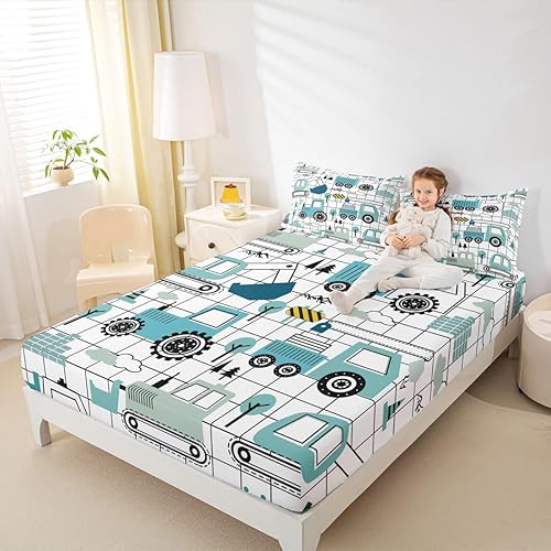 Miniatura 9 de Feelyou Juego de sábanas de construcción para niñas y niños, tamaño individual, diseño de dibujos animados, excavadora, tractor, sábanas con