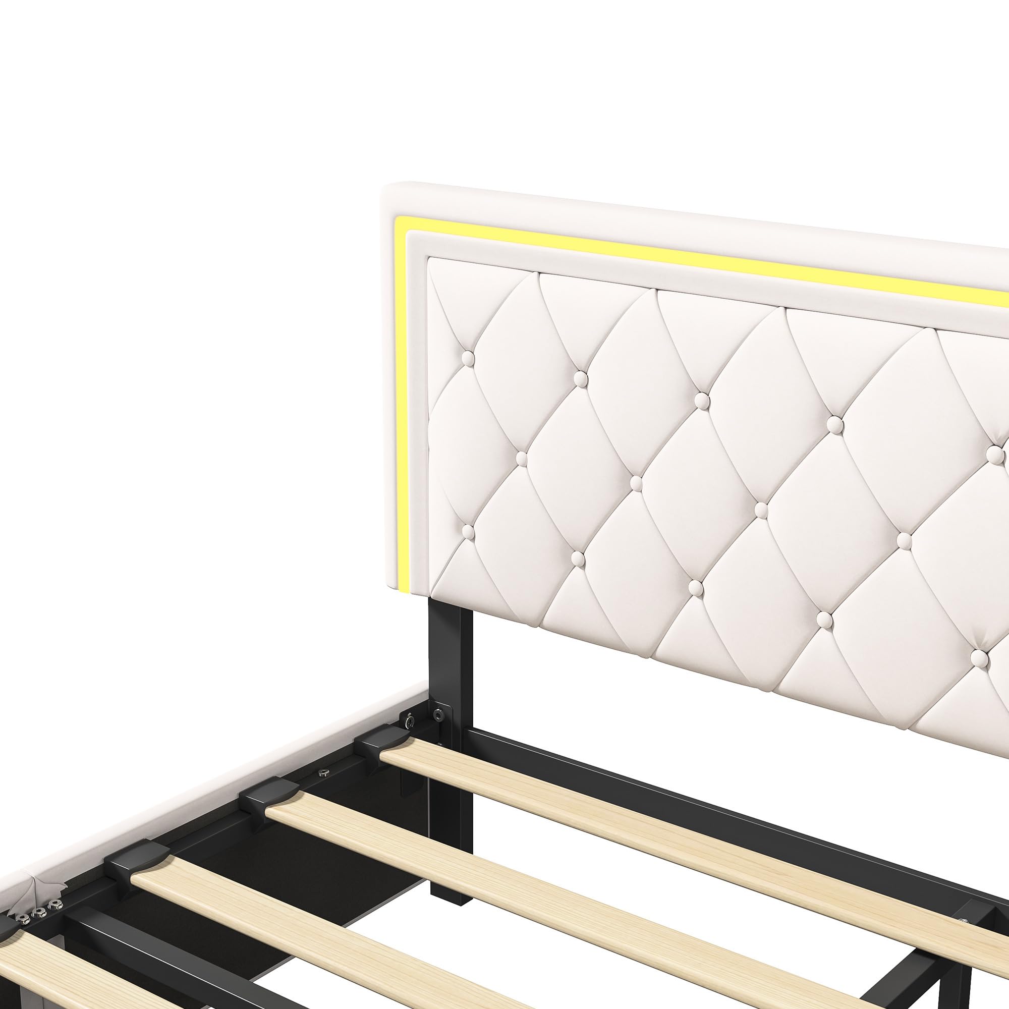 Letto imbottito 160 x 200 cm con illuminazione a LED, letto matrimoniale con 4 cassetti di stoccaggio, telaio letto matrimoniale con rete a doghe, letto cassetto, Beige bianco