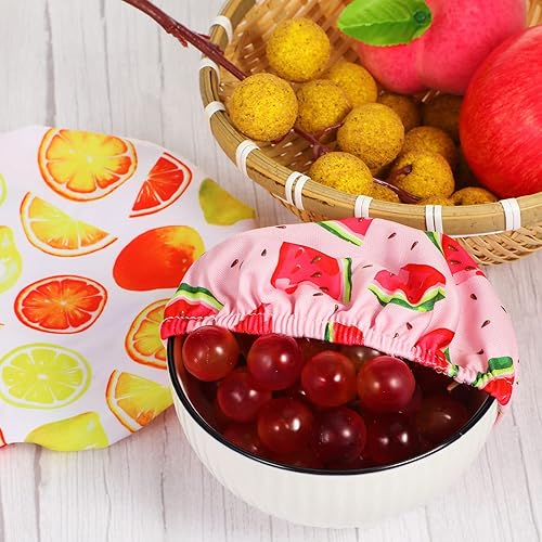 Vista 4 de 20 fundas para tazones de estilo veraniego, reutilizables, de tela, elásticas, para almacenamiento, tapas elásticas para recipientes, frutas