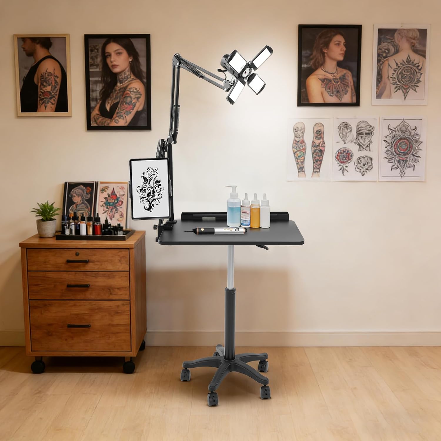 Portable Rolling Tattoo Workstation Cart, Premium Tattoo Salon Tray, 60W Rotatable LED Light Work Table with Adjustable Height, Magnetic Detachable Tray, Dual Device Stand for Studio and Beauty Salon