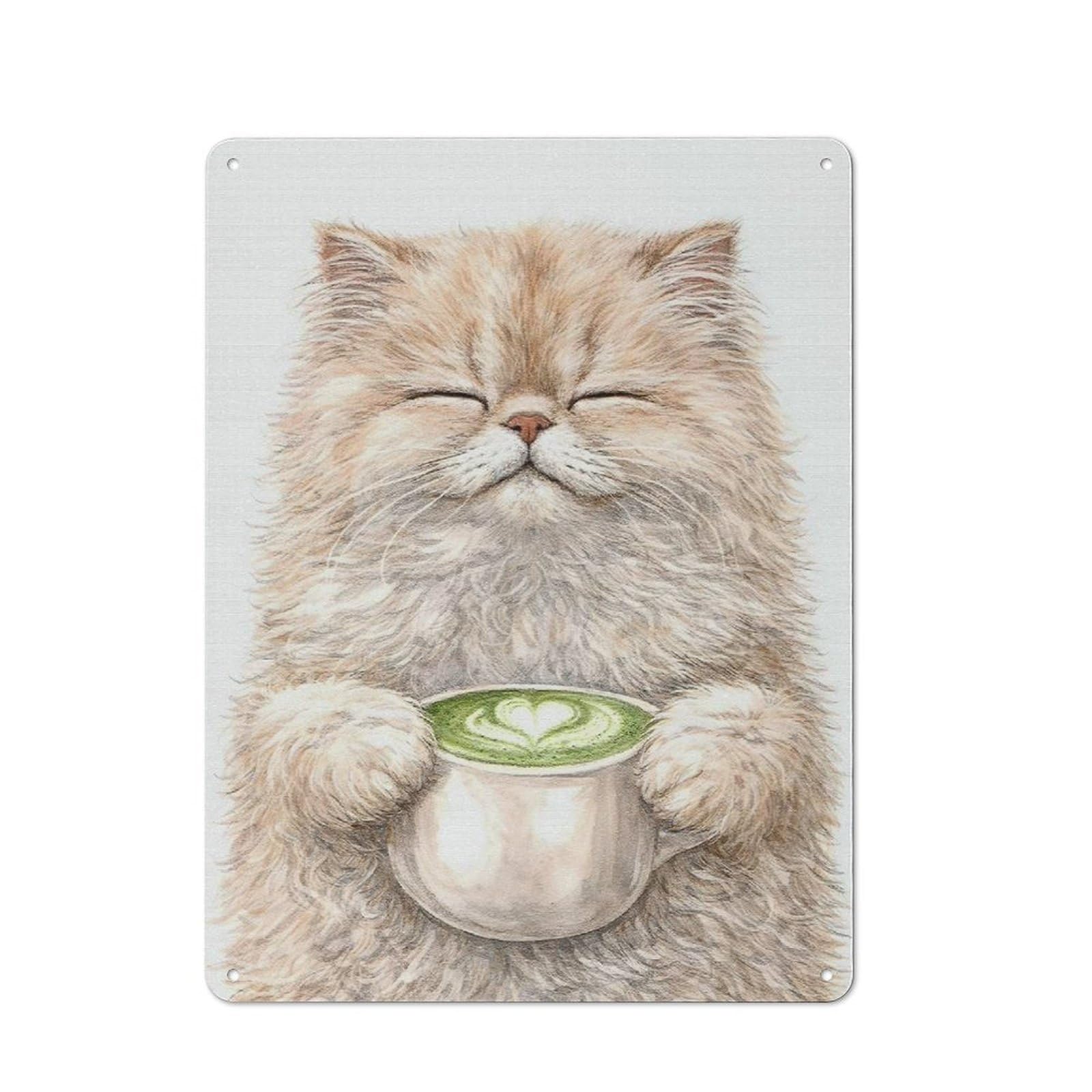 Fluffy Cat Enjoying Matcha Latte Rustic Metal Wall Decor 40x30cm, Decorative Metal Plaque for Shed, Garden Room, Porch Or Garage