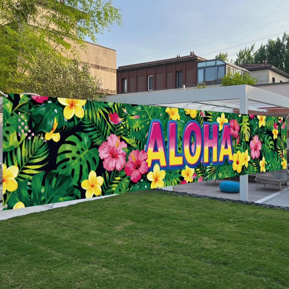 PRESSINART Hawaiian Aloha Party Banner Aloha Party Backdrop 118 x 19.7 Inch Tropical Plant Flower Pattern Polyester Yard Sign Background with 10M Rope for Outdoor or Indoor House Decorations Supplies