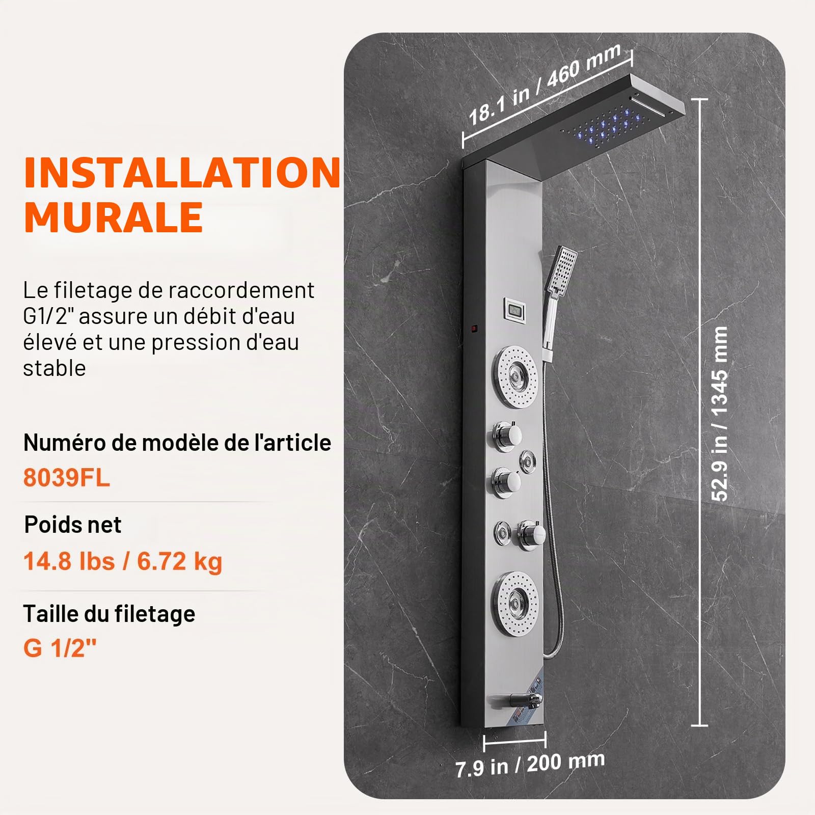 VEVOR Système de Panneau de Douche avec 6 Modes, Tour de Panneau de Douche LED et Affichage, Pluie, Cascade, 4 Jets de Massage, Bec de Baignoire et Pomme de Douche avec Tuyau, Ensemble de Douche