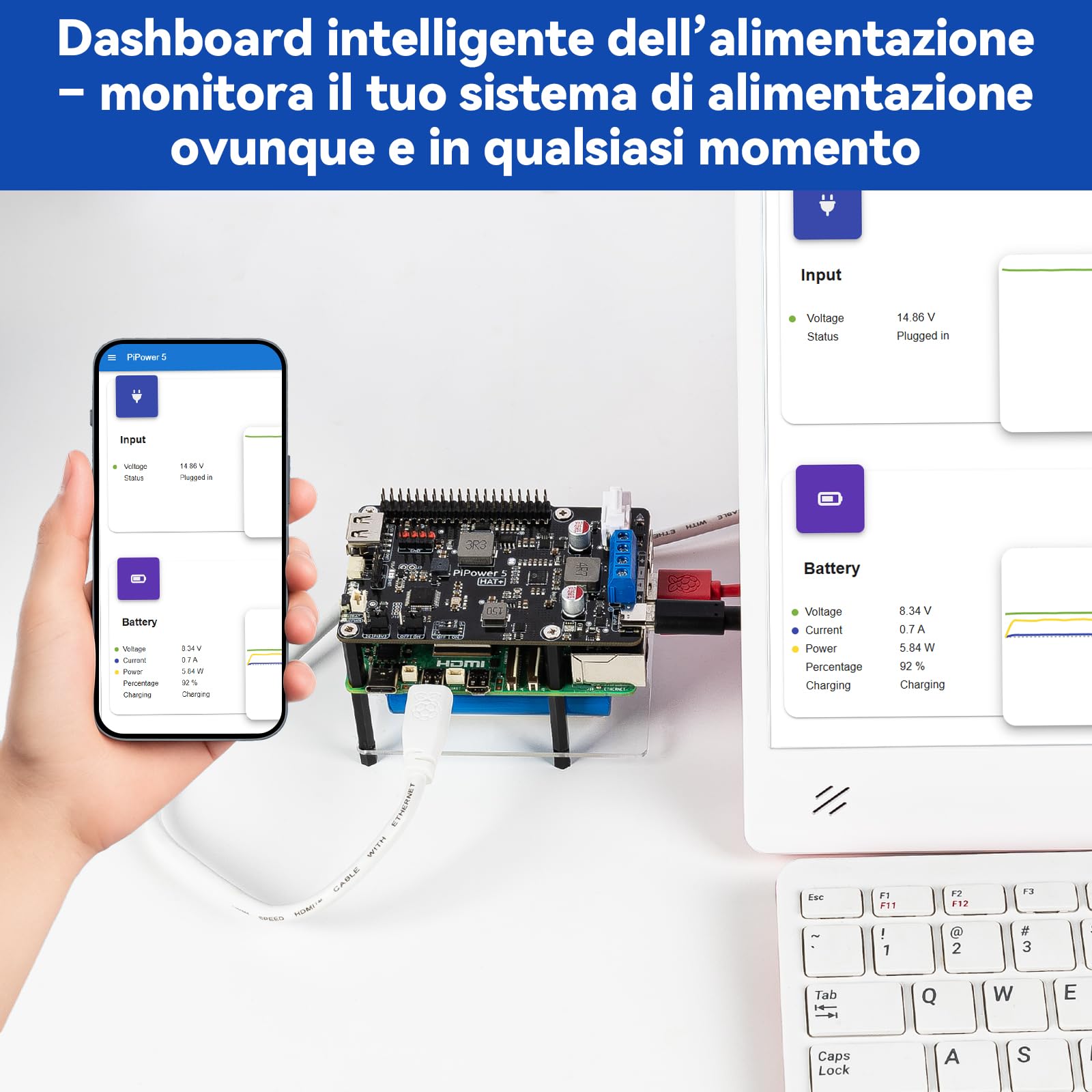 SunFounder PiPower 5 Alimentatore UPS HAT 5V/5A per Raspberry Pi 5/4B/3B+/Zero 2 W/Arduino/Pironman 5/Max/Mini, batteria ricaricabile, spegnimento sicuro, dashboard intelligente