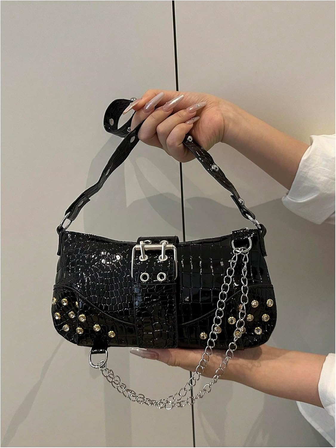 Milumia Women's Y2k PU Leather Buckle Shoulder Bags Studded Top Handle Hobo Handbags - Image 2