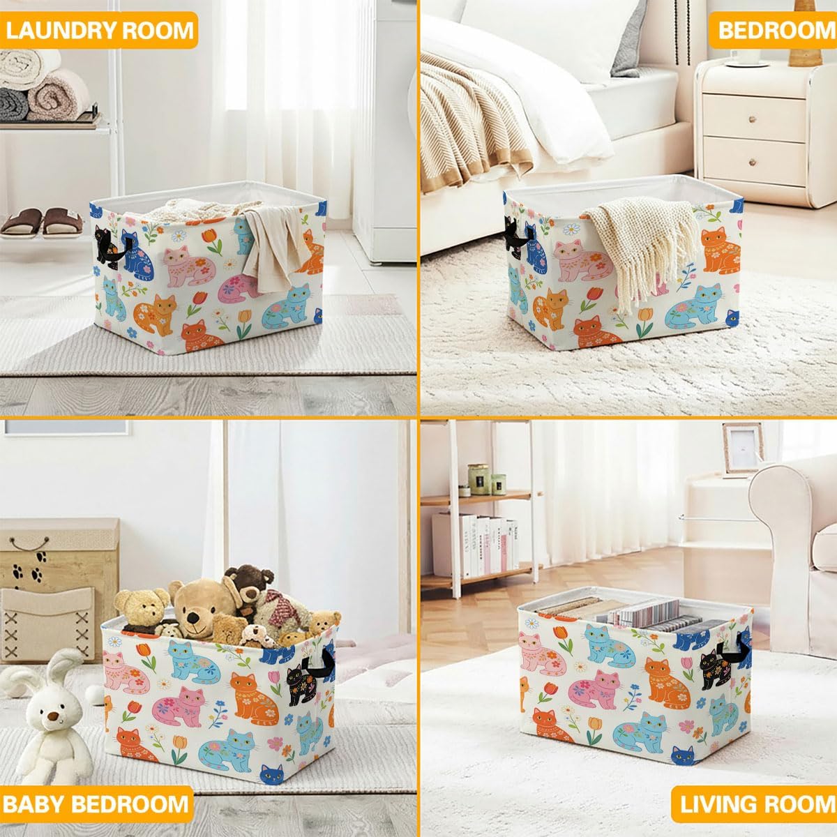 56L Colorful Cat Foldable Square Laundry Hamper with Handles – Large Clothes, Blanket & Toy Storage Basket for Home Organization.