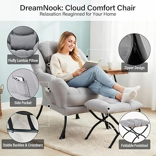 Miniatura 4 de Silla Lazy con otomana, moderna silla decorativa con almohada lumbar, sillas cómodas con reposapiés plegable para dormitorio, lectura, sillas de