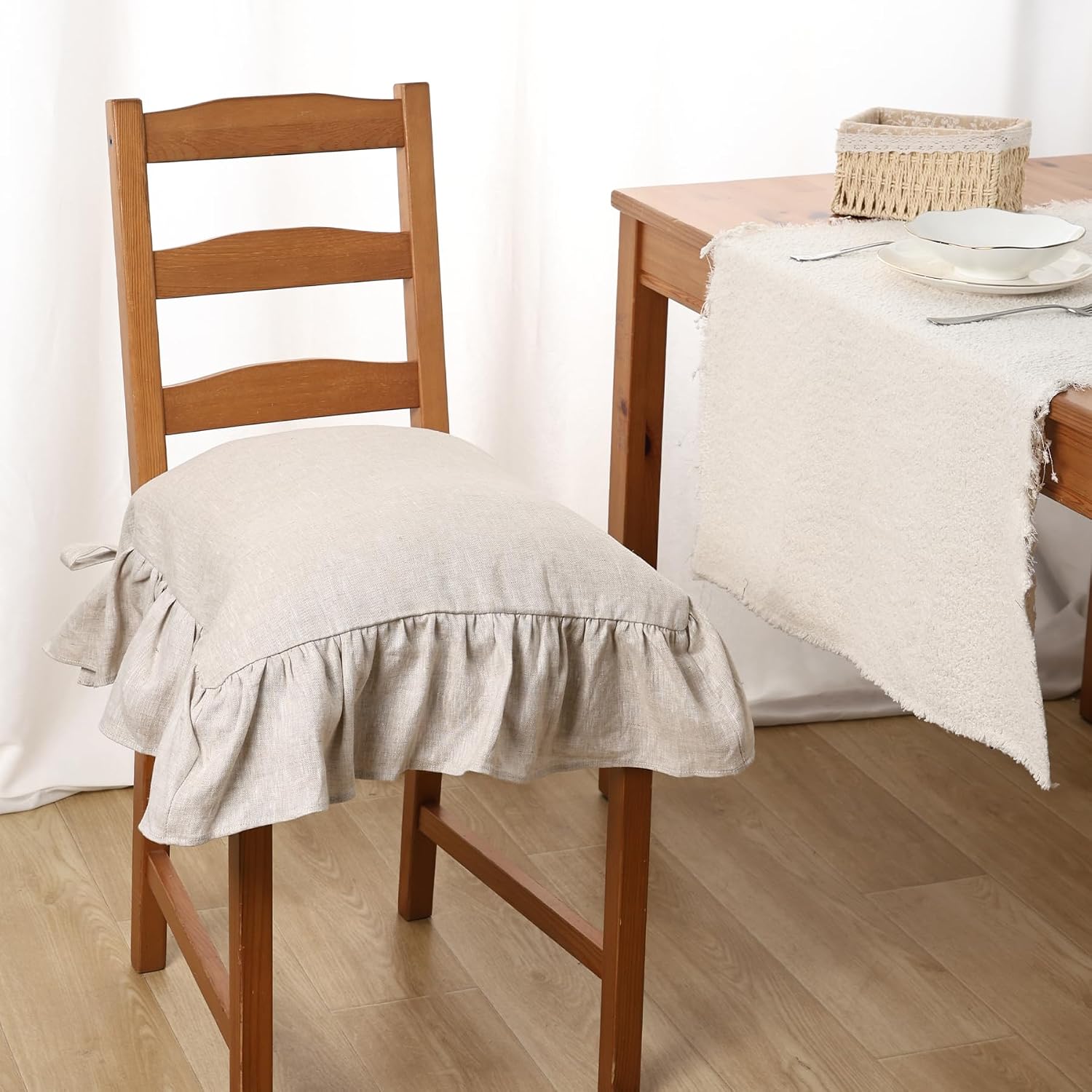 100% Pure Linen Chair Pad Slipcover 18"x18" Luxury Chair Dining Cushion Cover Ties with Ruffle Farmhouse Decor Covers Only, for Home Decor (Linen)