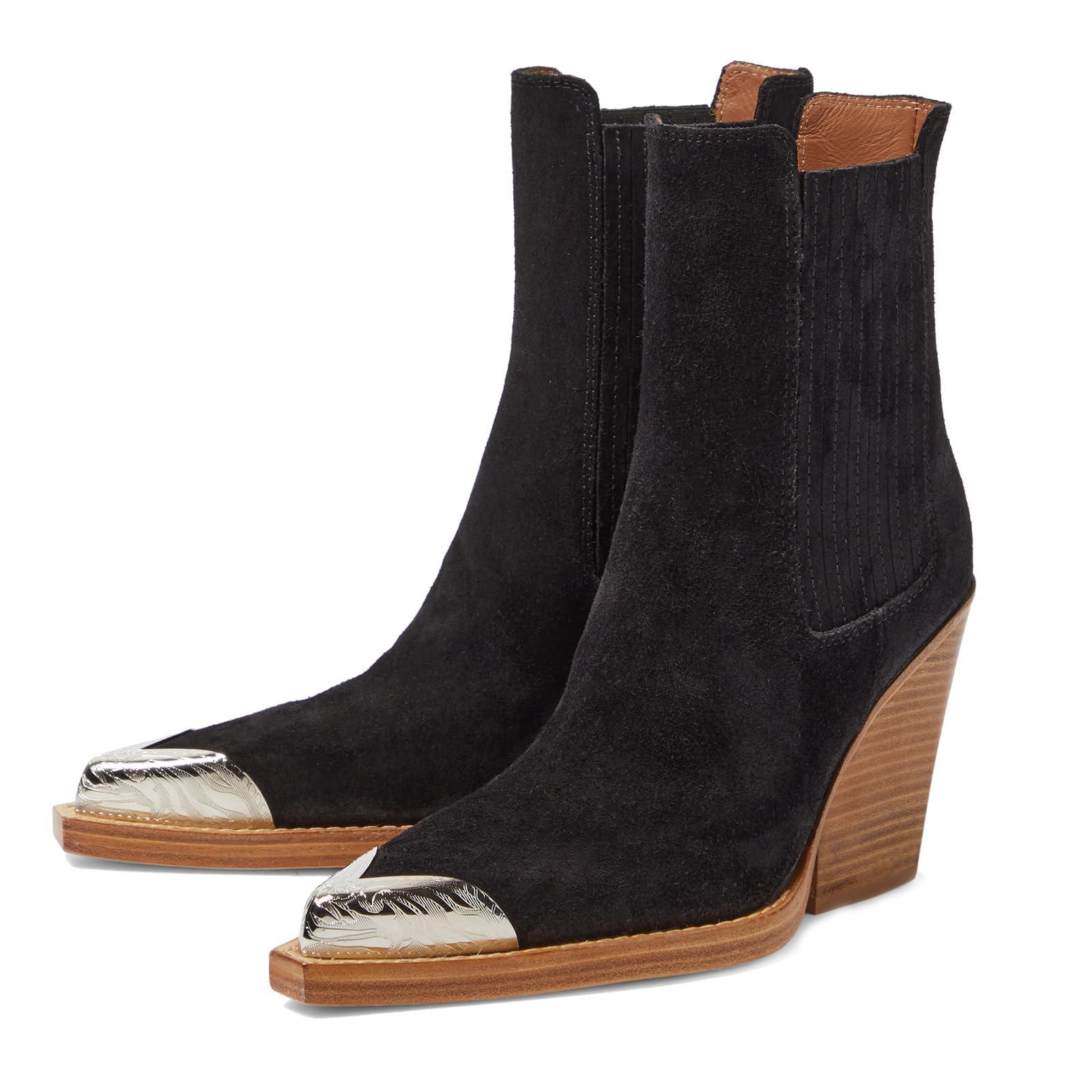 Goolita Suede Western Cowboy Boots For Women Metal Pointed Toe Stacked Block Heel Cowgirl Ankle Boots Vintage Slip On Short Booties