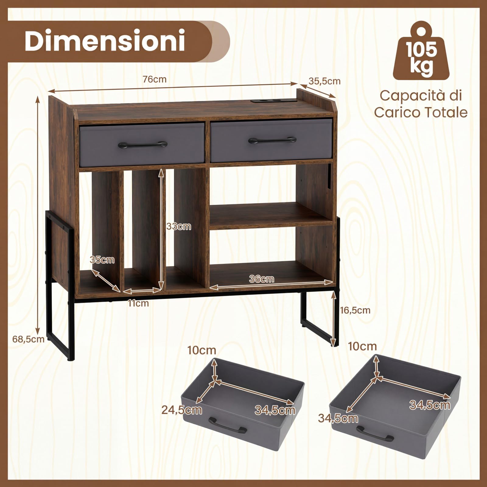 COSTWAY Supporto per Giradischi in Vinile, Mobile per Giradischi con Stazione di Ricarica, 2 Cassetti Rimovibili in Tessuto e Ripiano Regolabile, Supporto Porta Dischi Vinile per Soggiorno, Studio