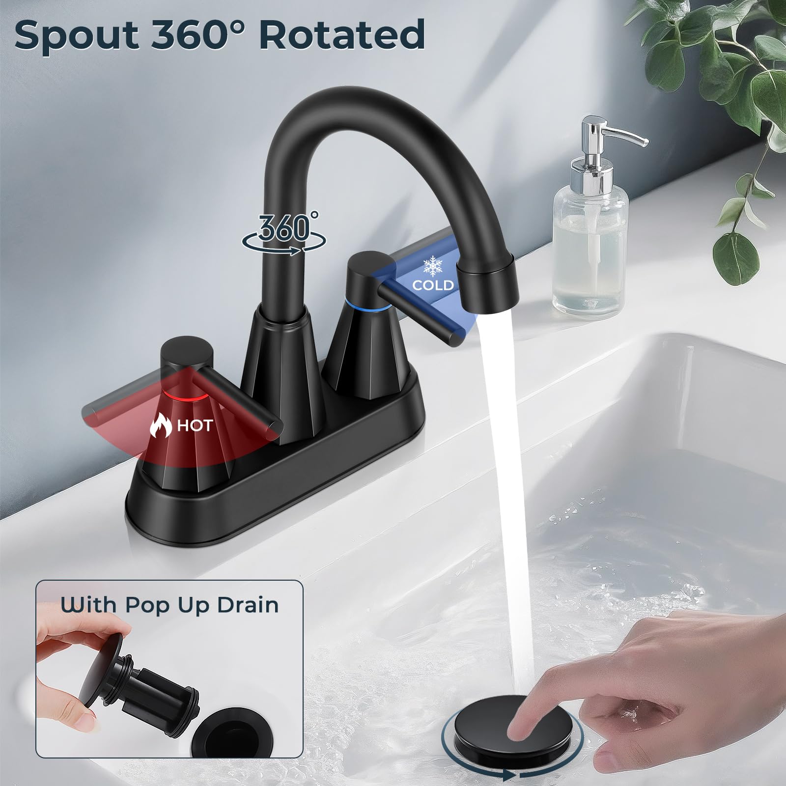 4 inches Bathroom Faucet for 3 Hole 2-Handle Bathroom Sink Faucets with Pop Up Drain Matte Black — view 5